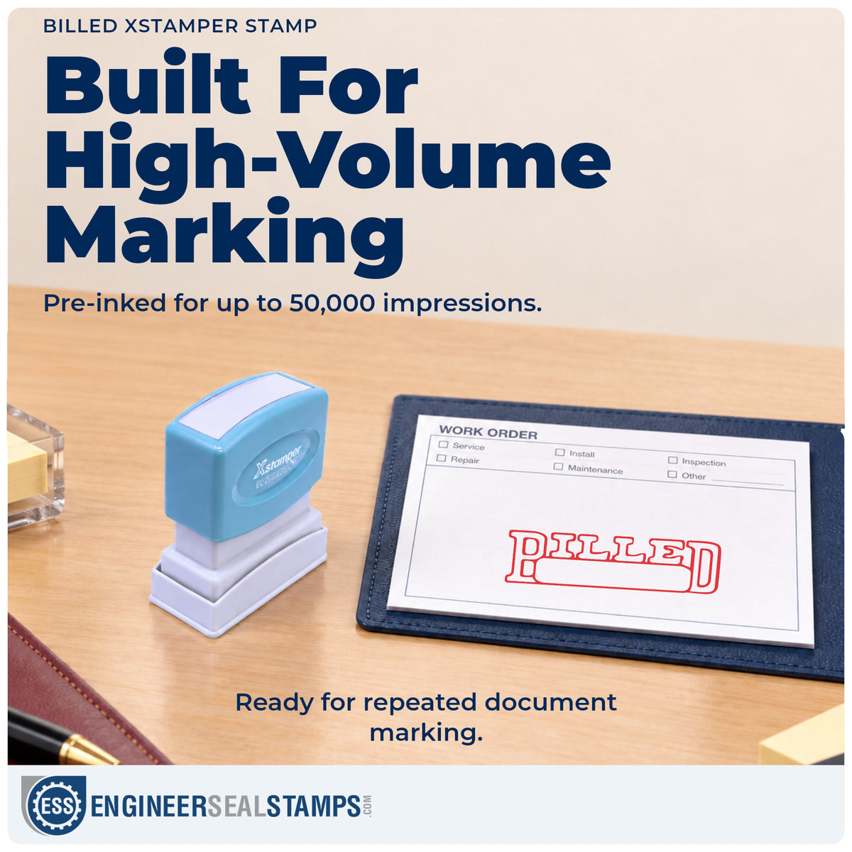 Re-inkable "Billed" stamp built for thousands of repeat impressions