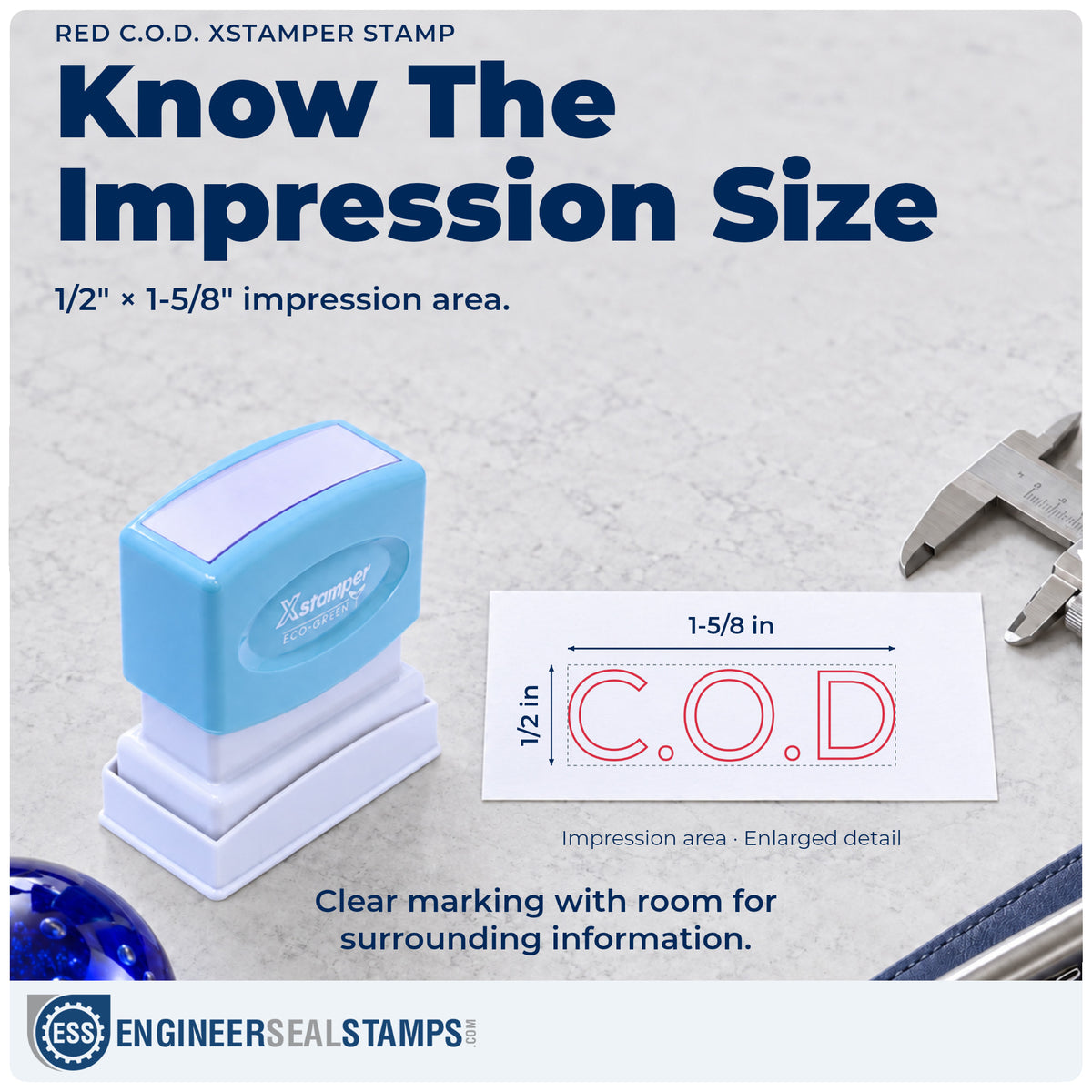 Impression size guide: the "C.O.D." imprint measures Approximately 1/2 in tall x 1-5/8 in wide