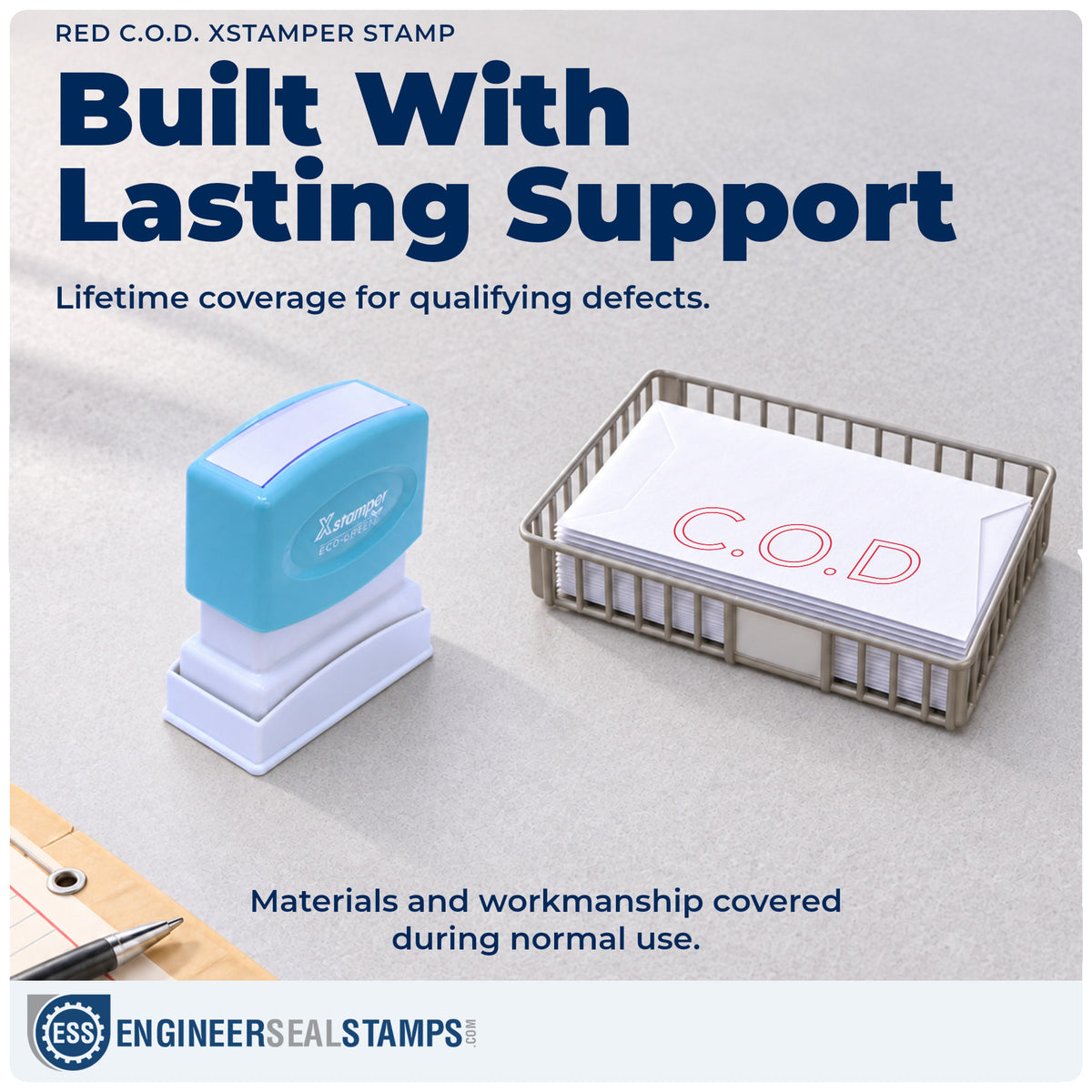Lifetime guarantee coverage on the "C.O.D." Xstamper pre-inked stamp