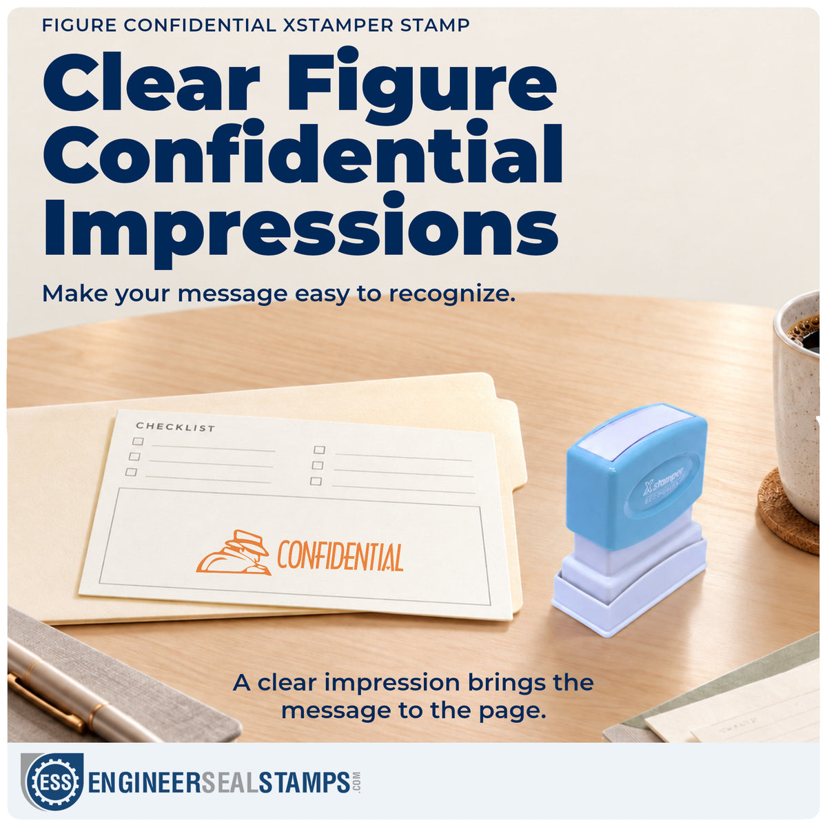 "Confidential" imprint on office paperwork beside the Figure Style Confidential Stamp – Pre-Inked Xstamper