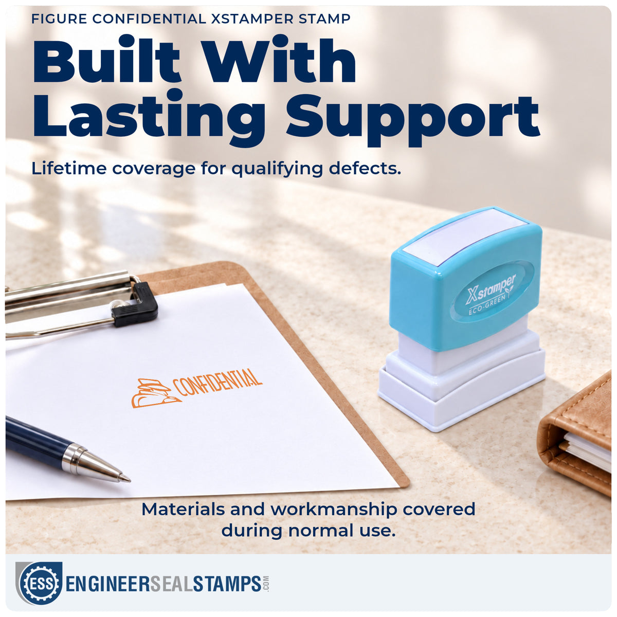 Lifetime guarantee coverage on the "Confidential" Xstamper pre-inked stamp