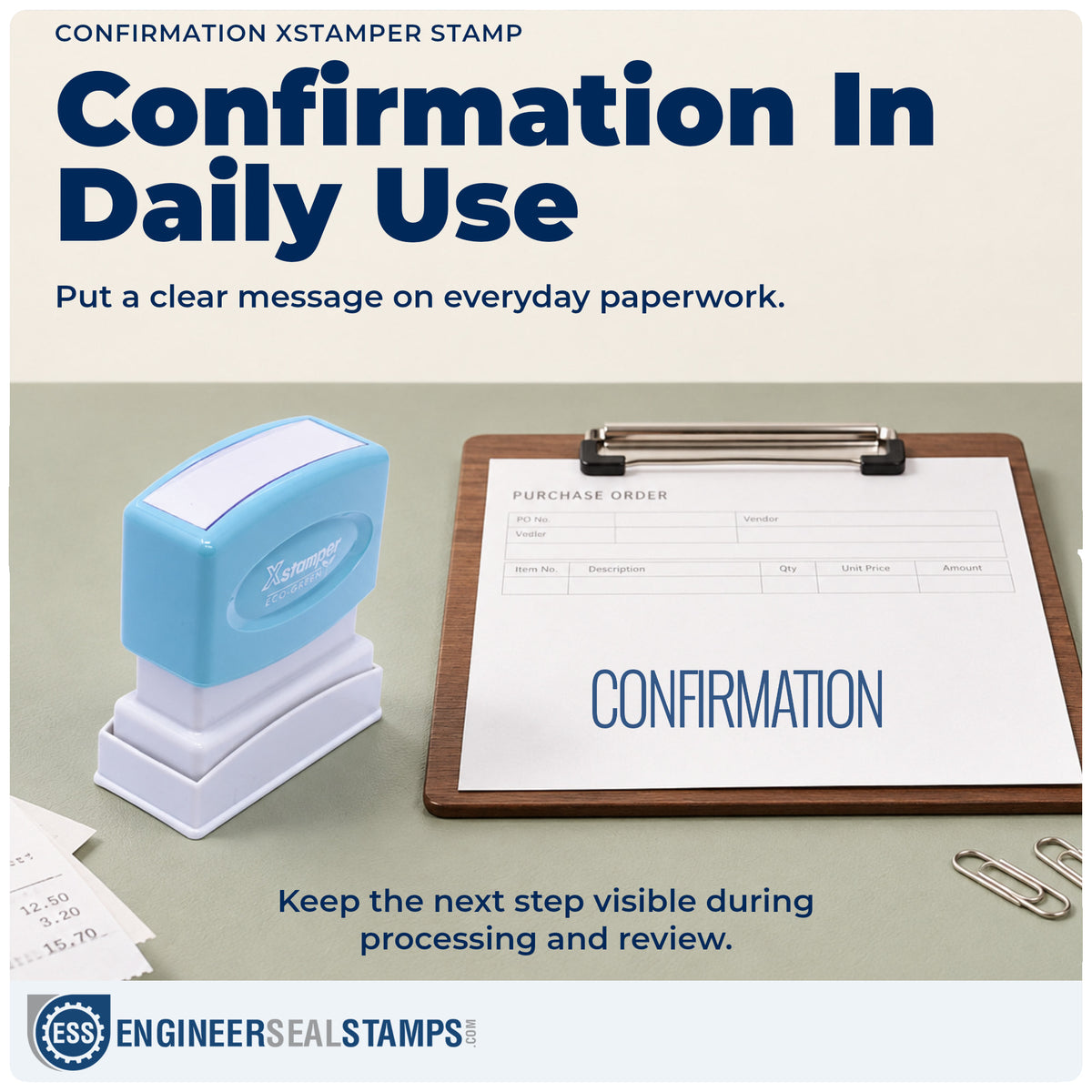 "Confirmation" stamp being pressed onto a document during everyday filing