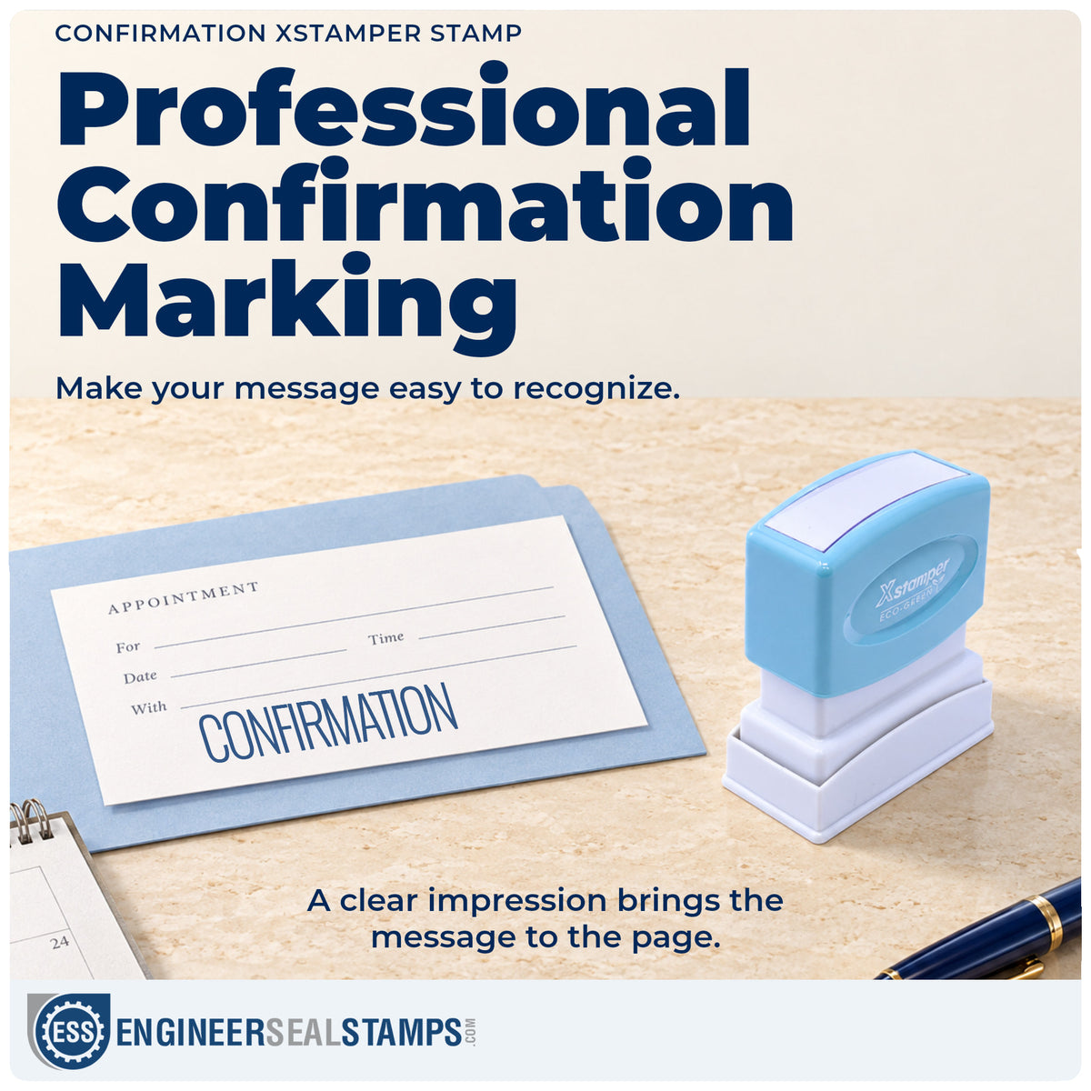 "Confirmation" imprint on office paperwork beside the Xstamper Confirmation Document Stamp – Pre-Inked