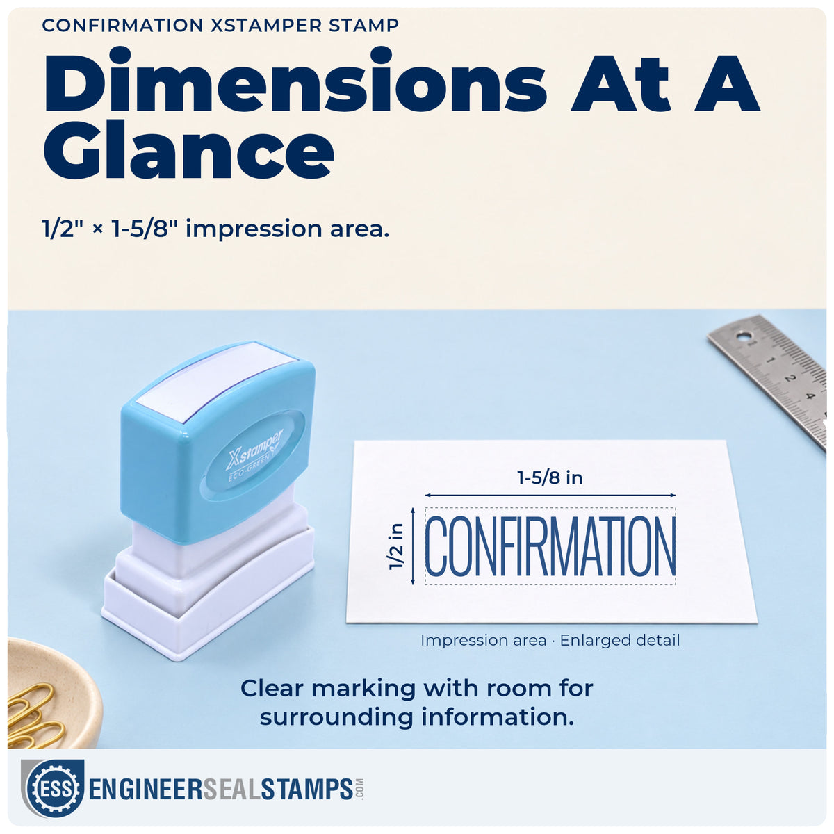 Impression size guide: the "Confirmation" imprint measures 1/2 x 1-5/8 in