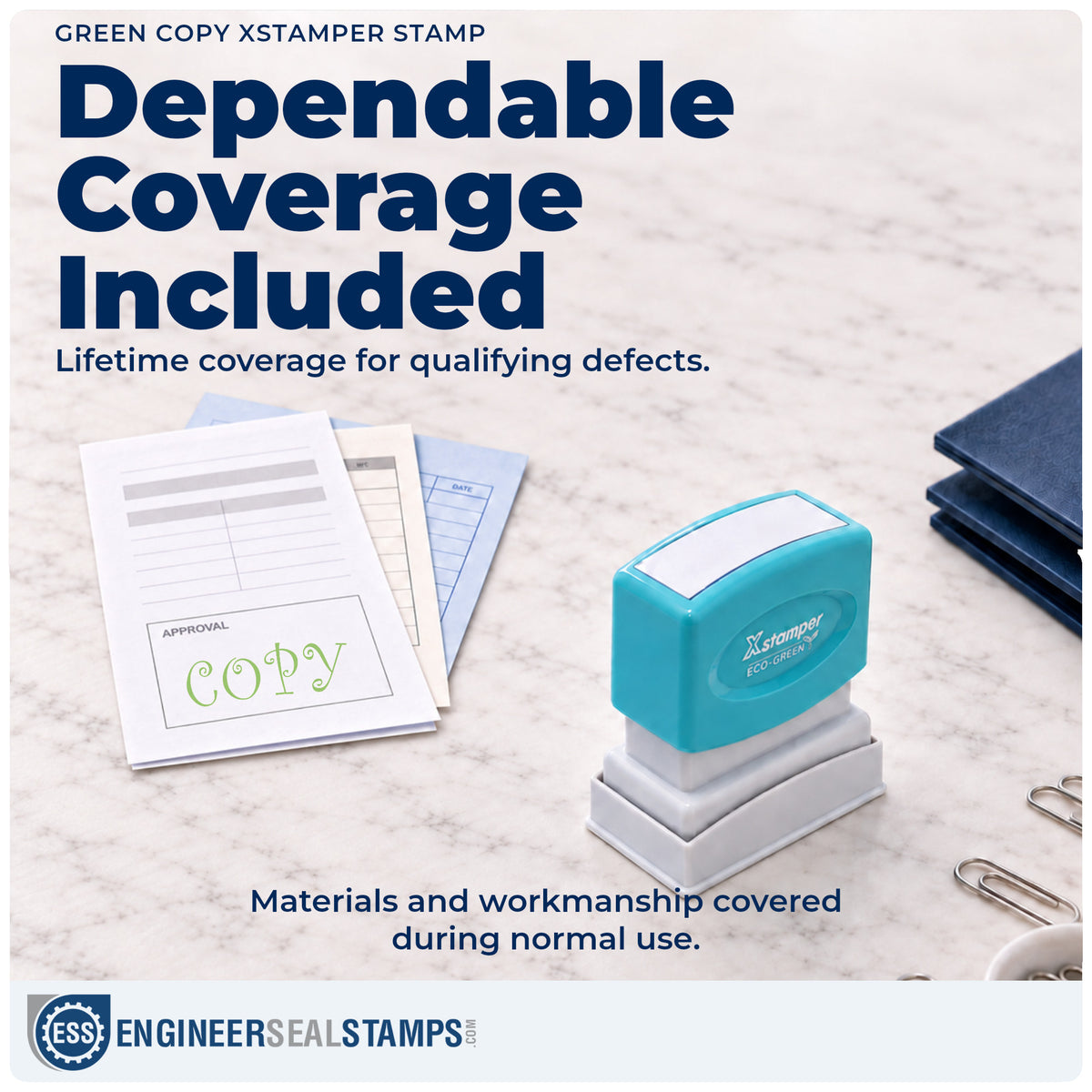 Lifetime guarantee coverage on the "Copy" Xstamper pre-inked stamp