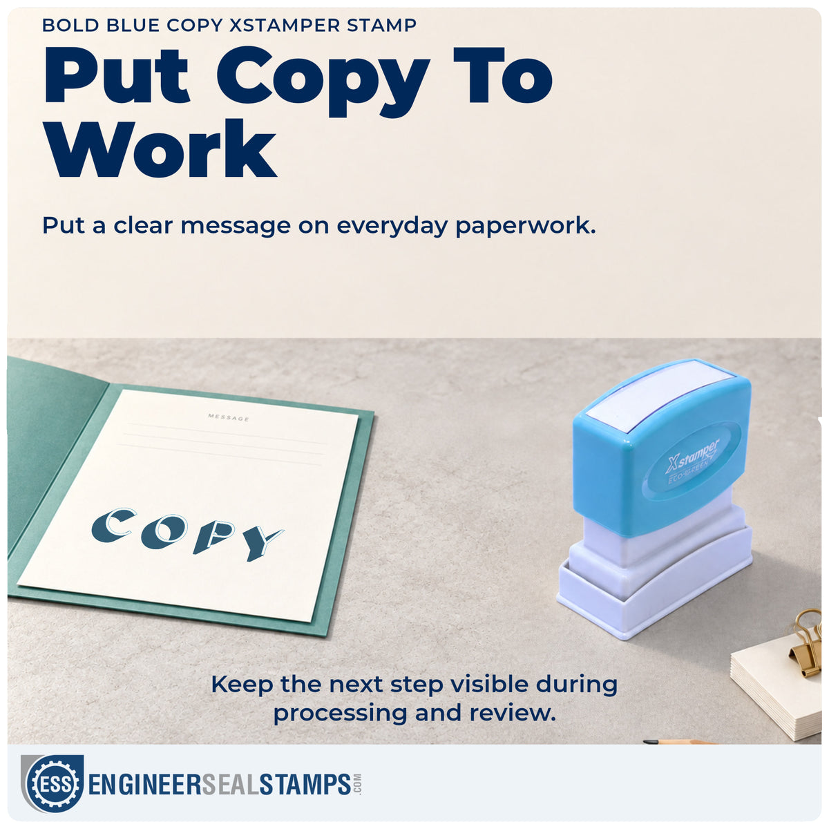 "Copy" stamp being pressed onto a document during everyday filing