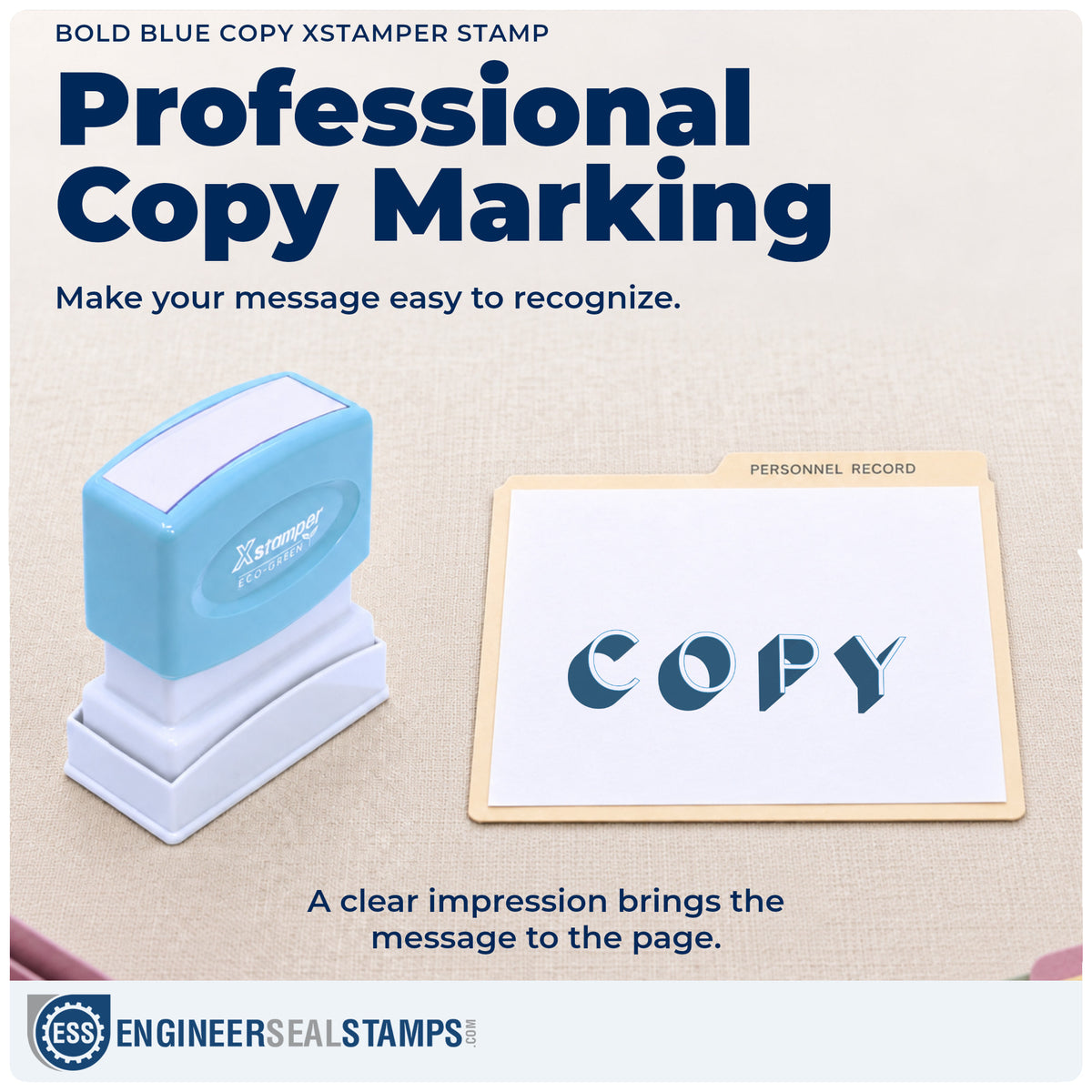 "Copy" imprint on office paperwork beside the Bold Blue Copy Office Stamp – Pre-Inked Xstamper