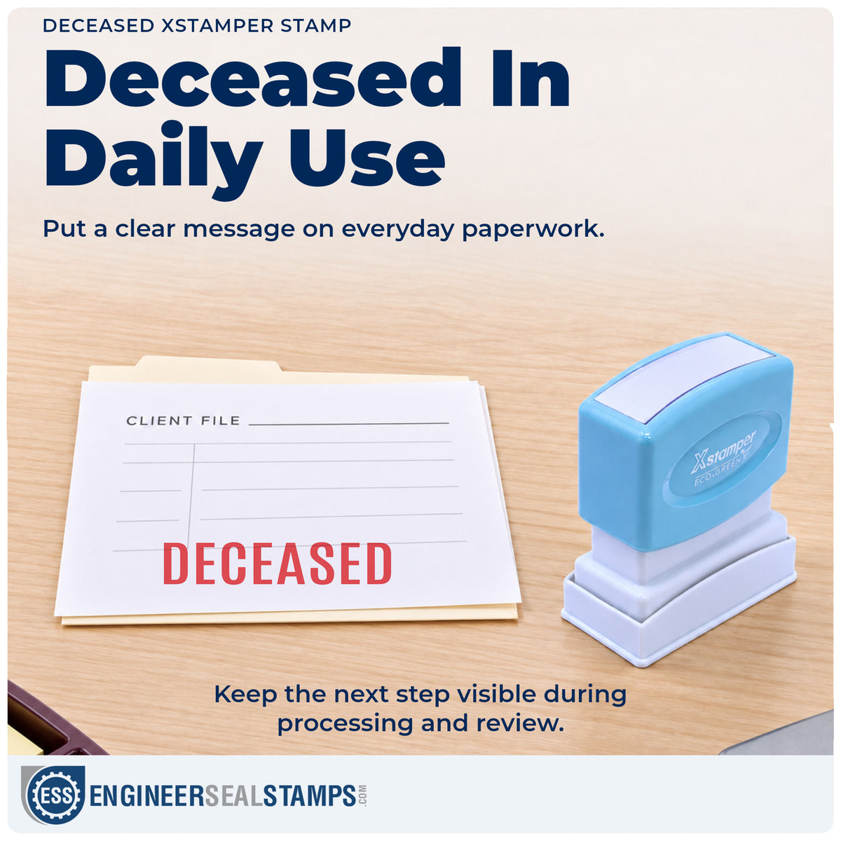 "Deceased" stamp being pressed onto a document during everyday filing