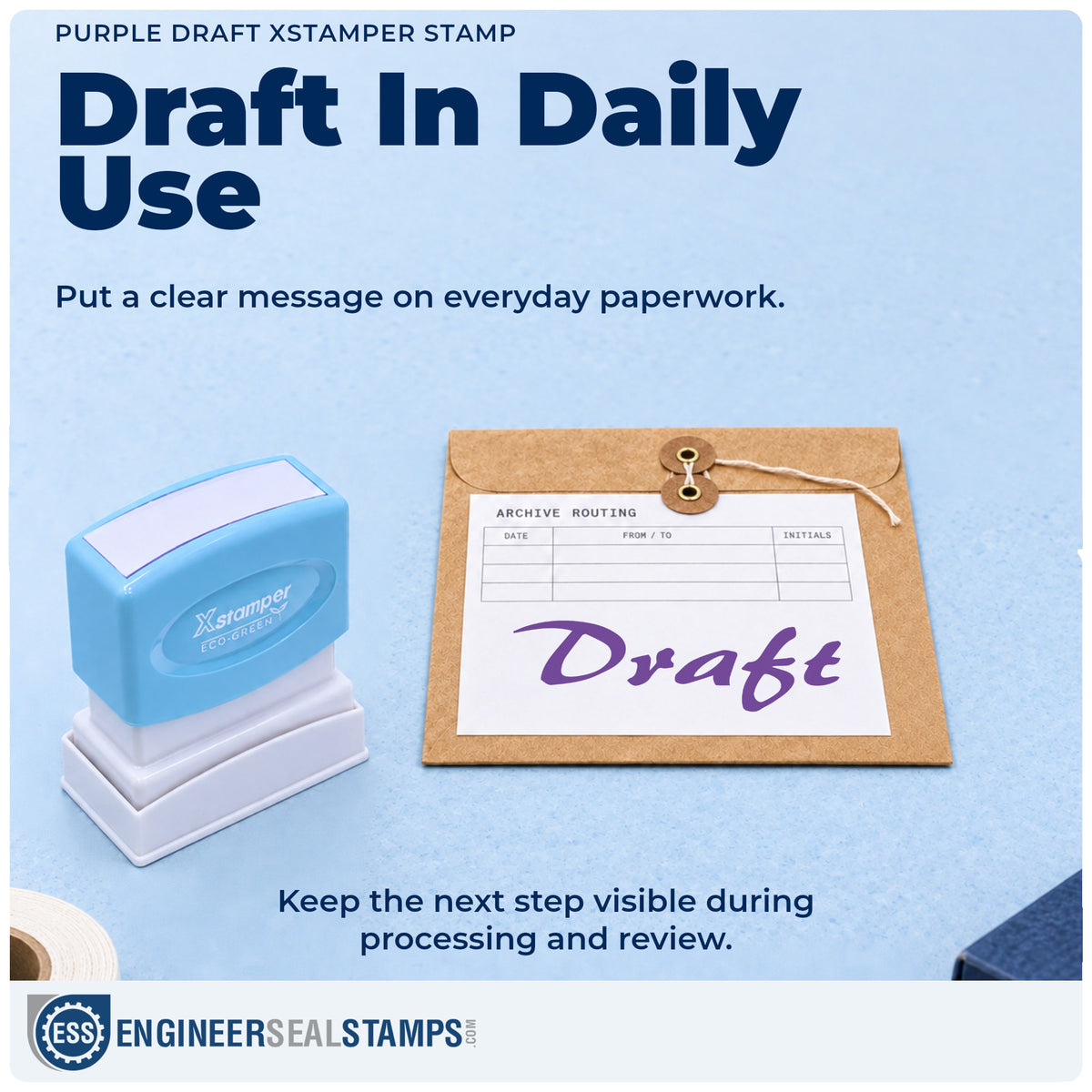 "Draft" stamp being pressed onto a document during everyday filing