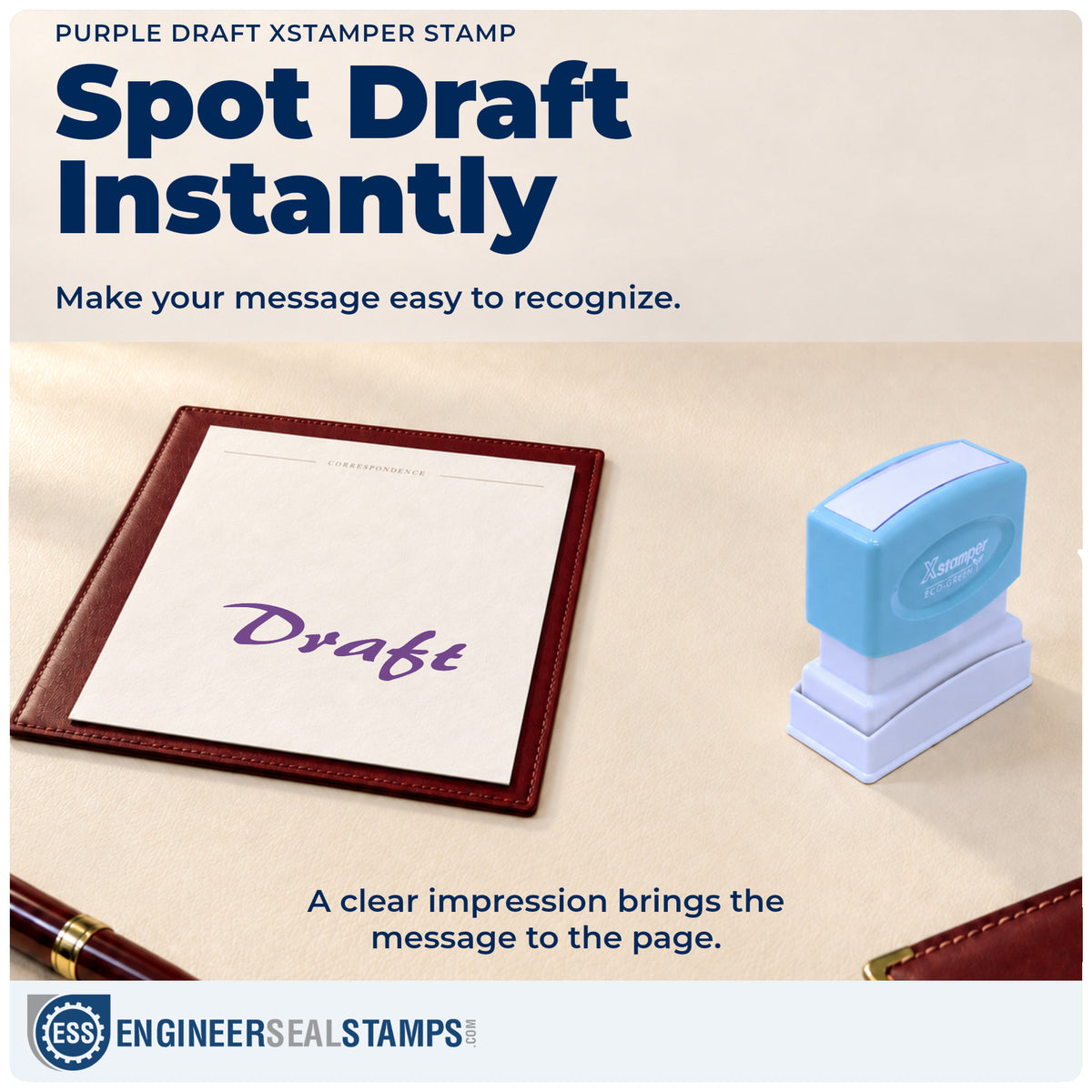"Draft" imprint on office paperwork beside the Draft Stamp – Purple Pre-Inked Xstamper