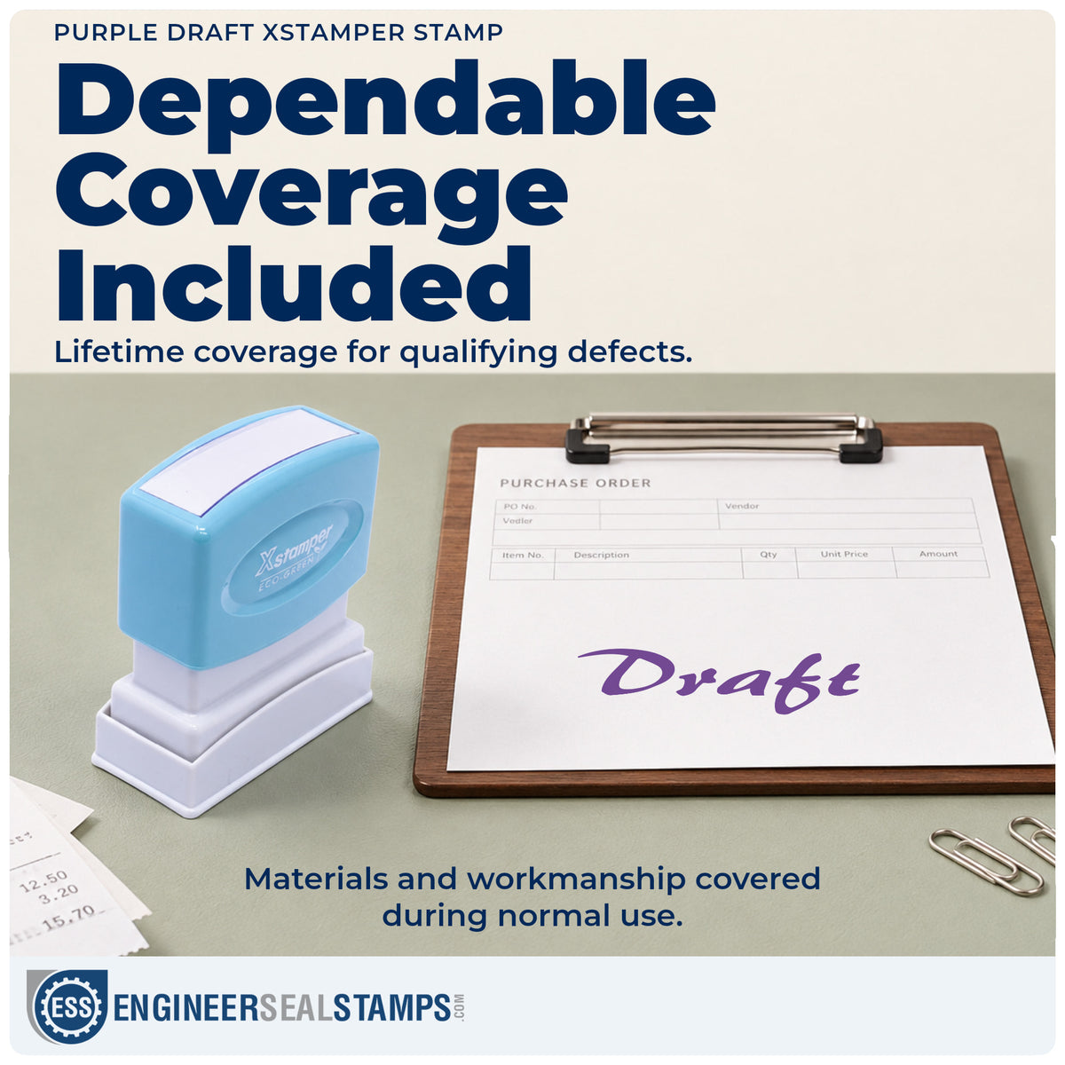 Lifetime guarantee coverage on the "Draft" Xstamper pre-inked stamp