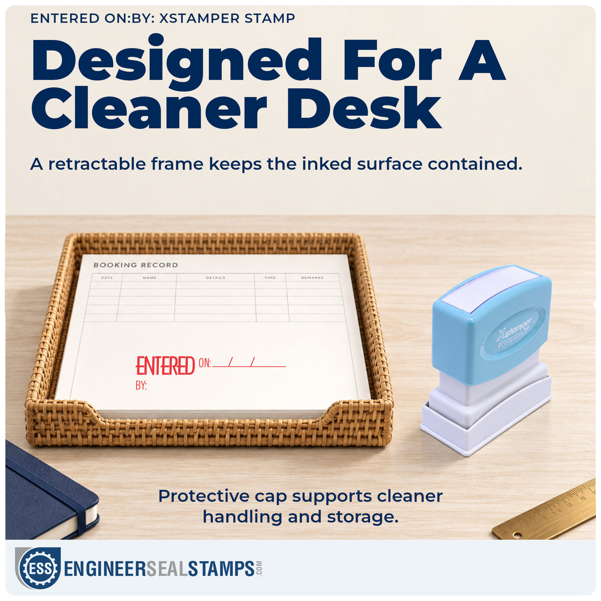 Features of the "Entered on: by:" Xstamper No. 1822 pre-inked stamp