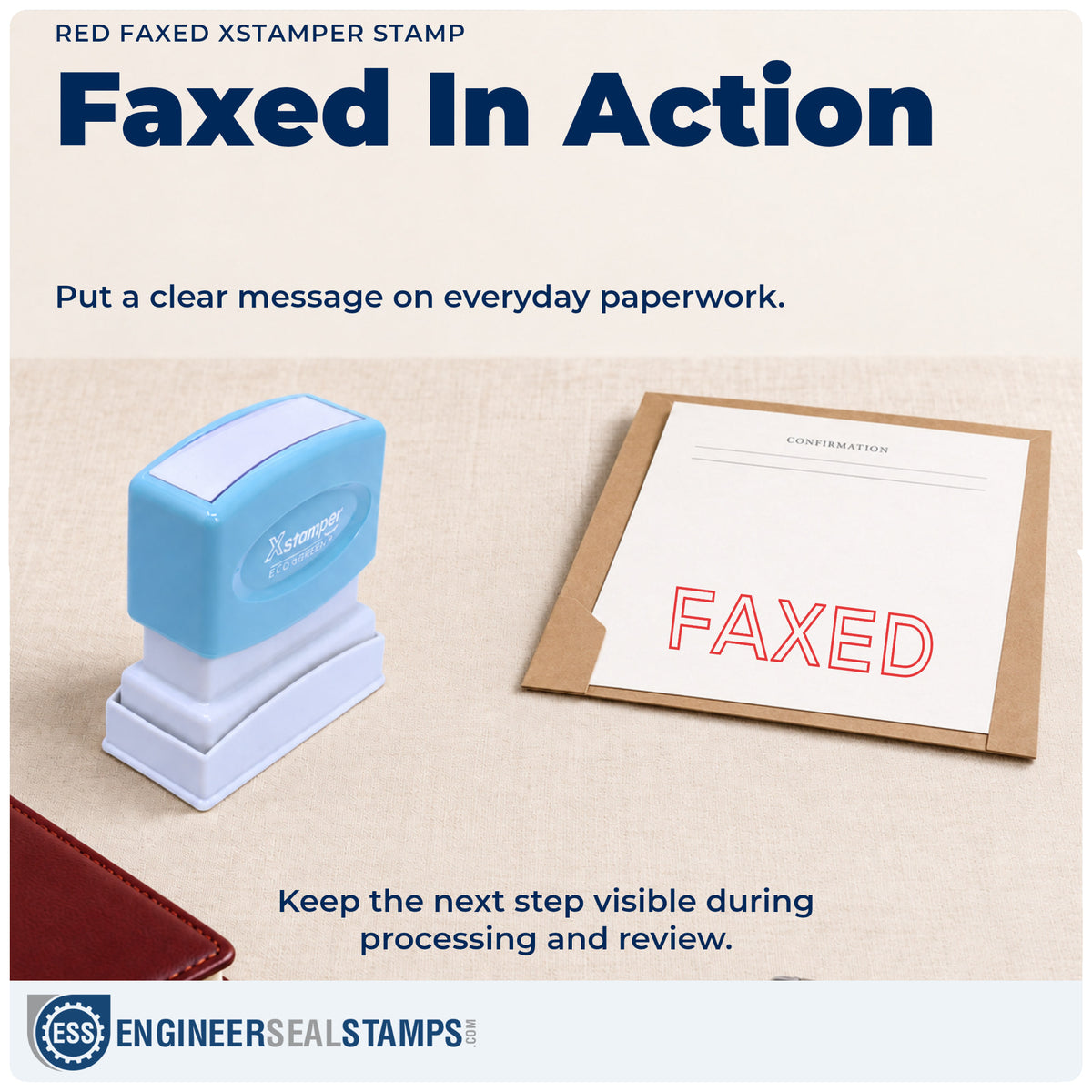 "Faxed" stamp being pressed onto a document during everyday filing