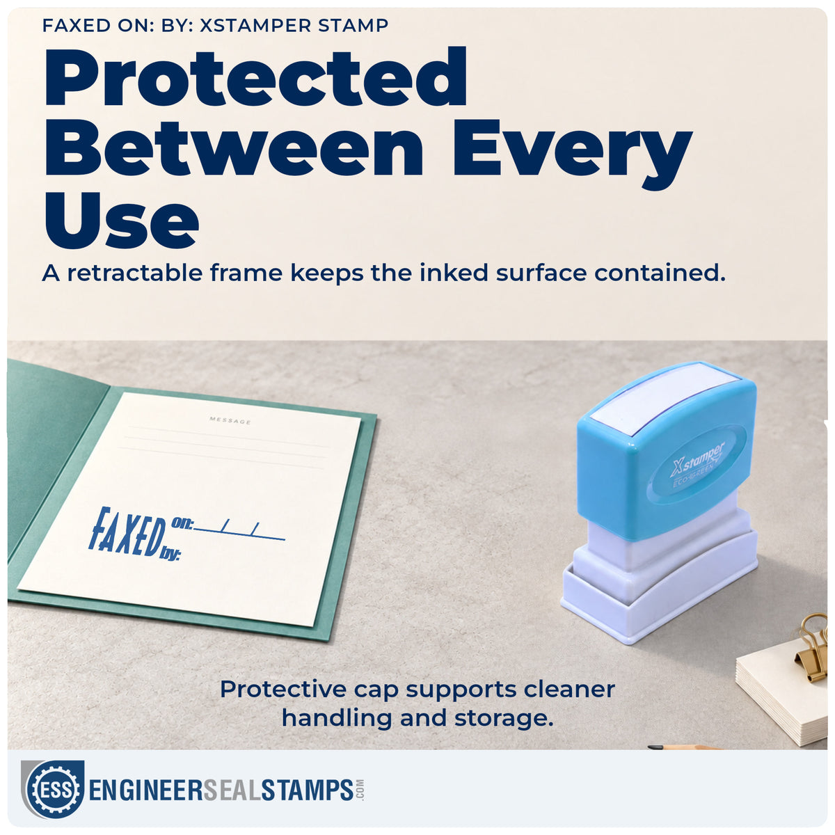 Features of the "Faxed on: by:" Xstamper No. 1820 pre-inked stamp