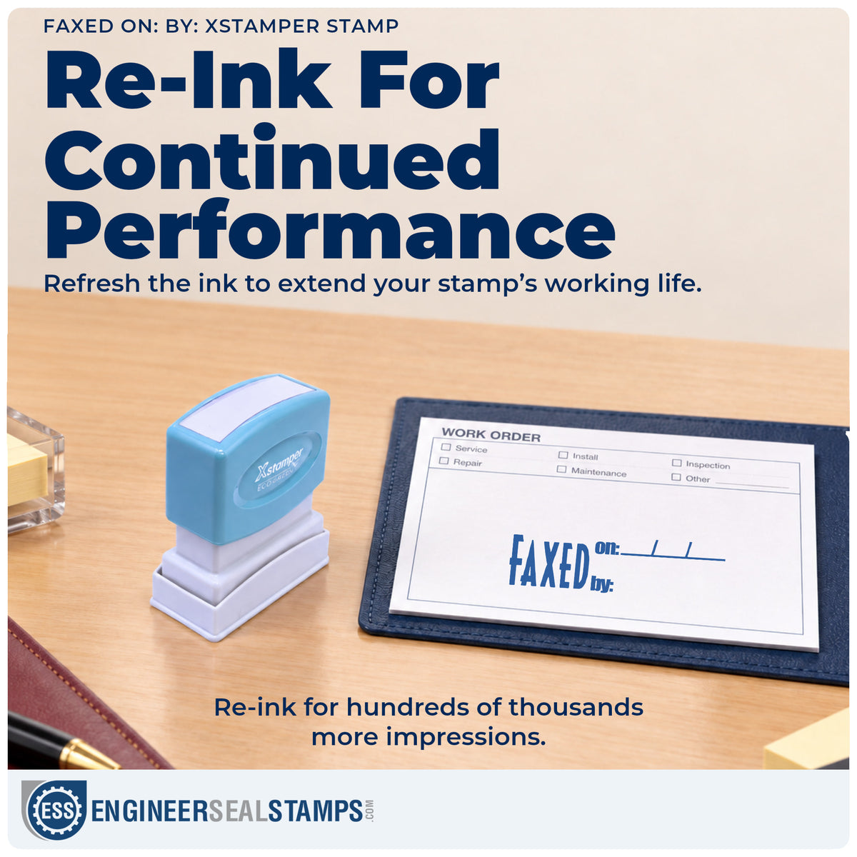 Re-inkable "Faxed on: by:" stamp built for thousands of repeat impressions