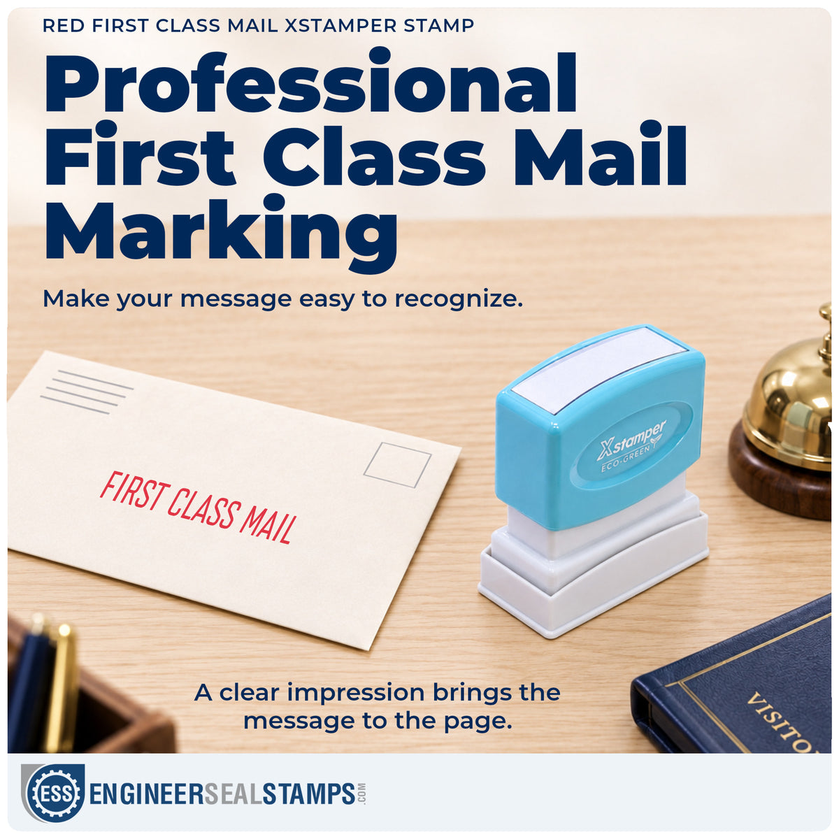 "First class mail" imprint on office paperwork beside the Red First Class Mail Stamp – Pre-Inked Xstamper