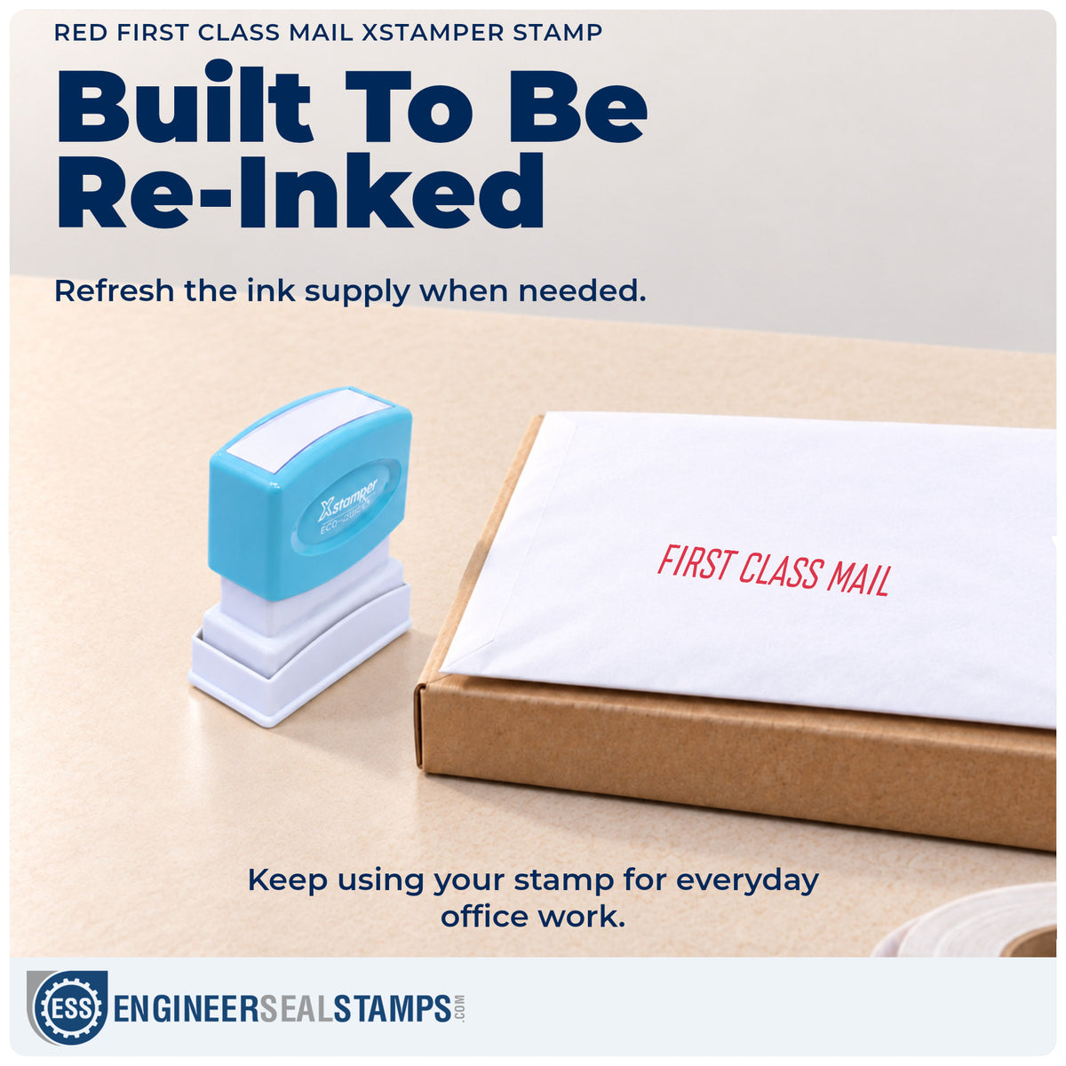 Re-inkable "First class mail" stamp built for thousands of repeat impressions