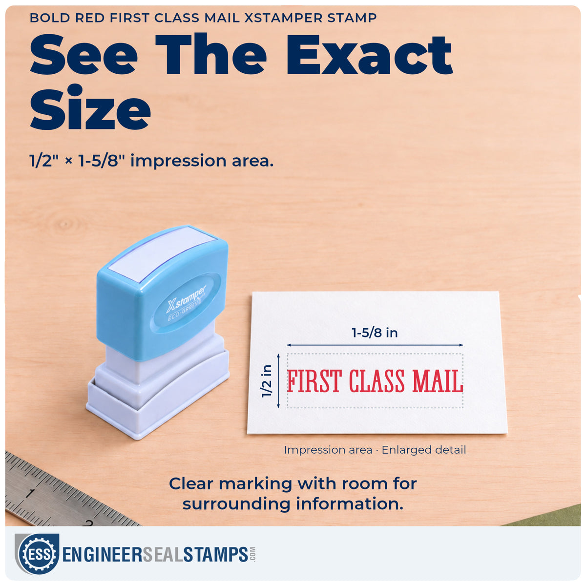 Impression size guide: the "First class mail" imprint measures Approximately 1/2 in tall x 1-5/8 in wide