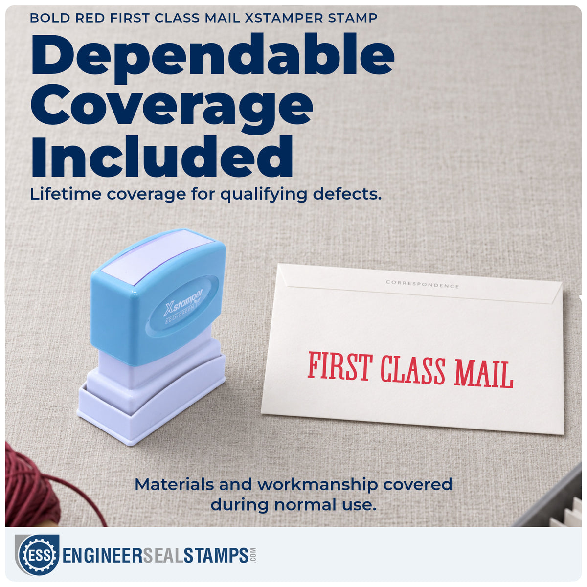 Lifetime guarantee coverage on the "First class mail" Xstamper pre-inked stamp