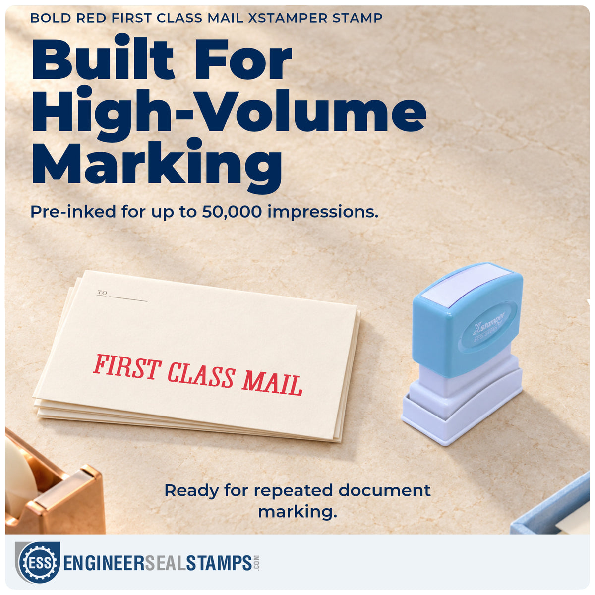 Re-inkable "First class mail" stamp built for thousands of repeat impressions