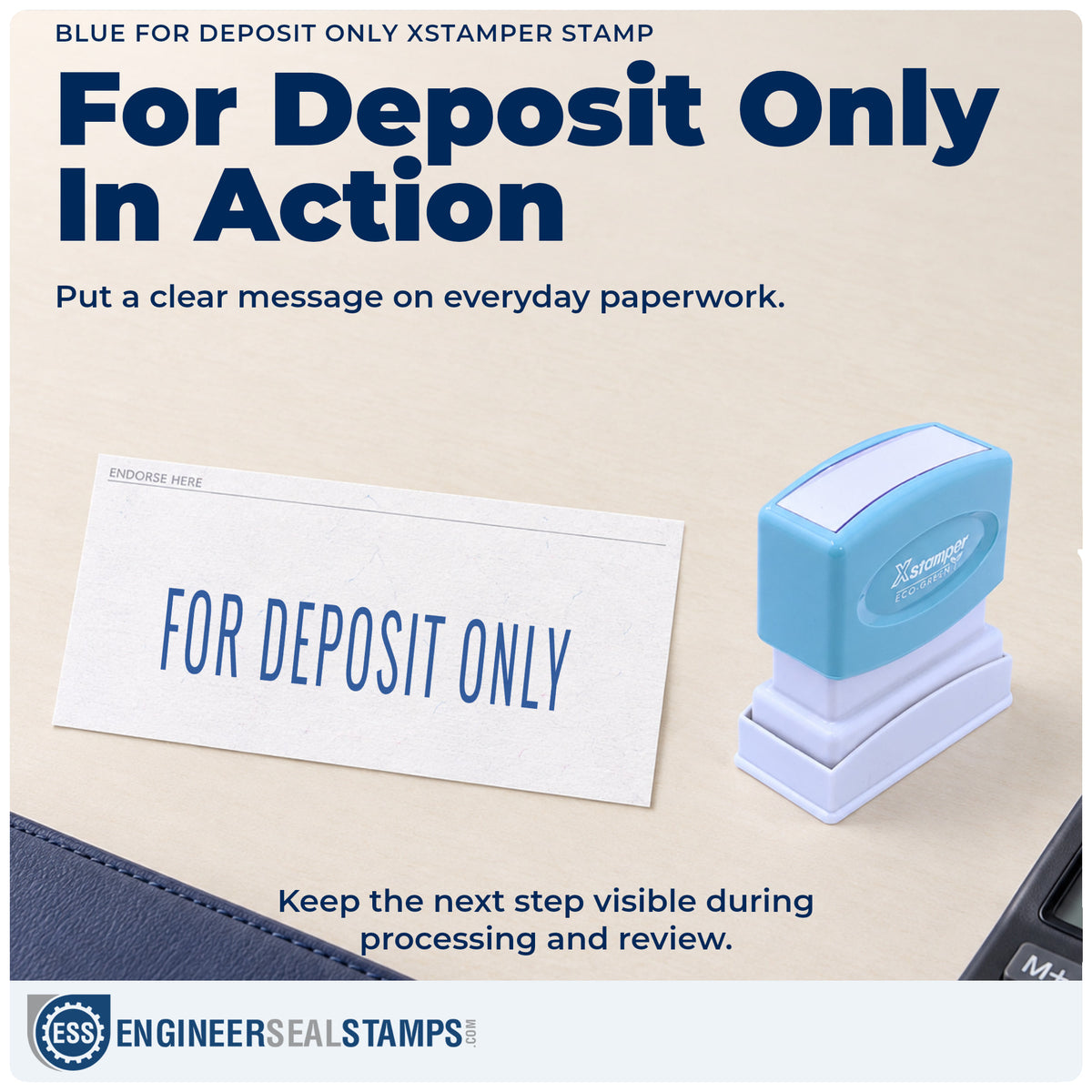 "For deposit only" stamp being pressed onto a document during everyday filing