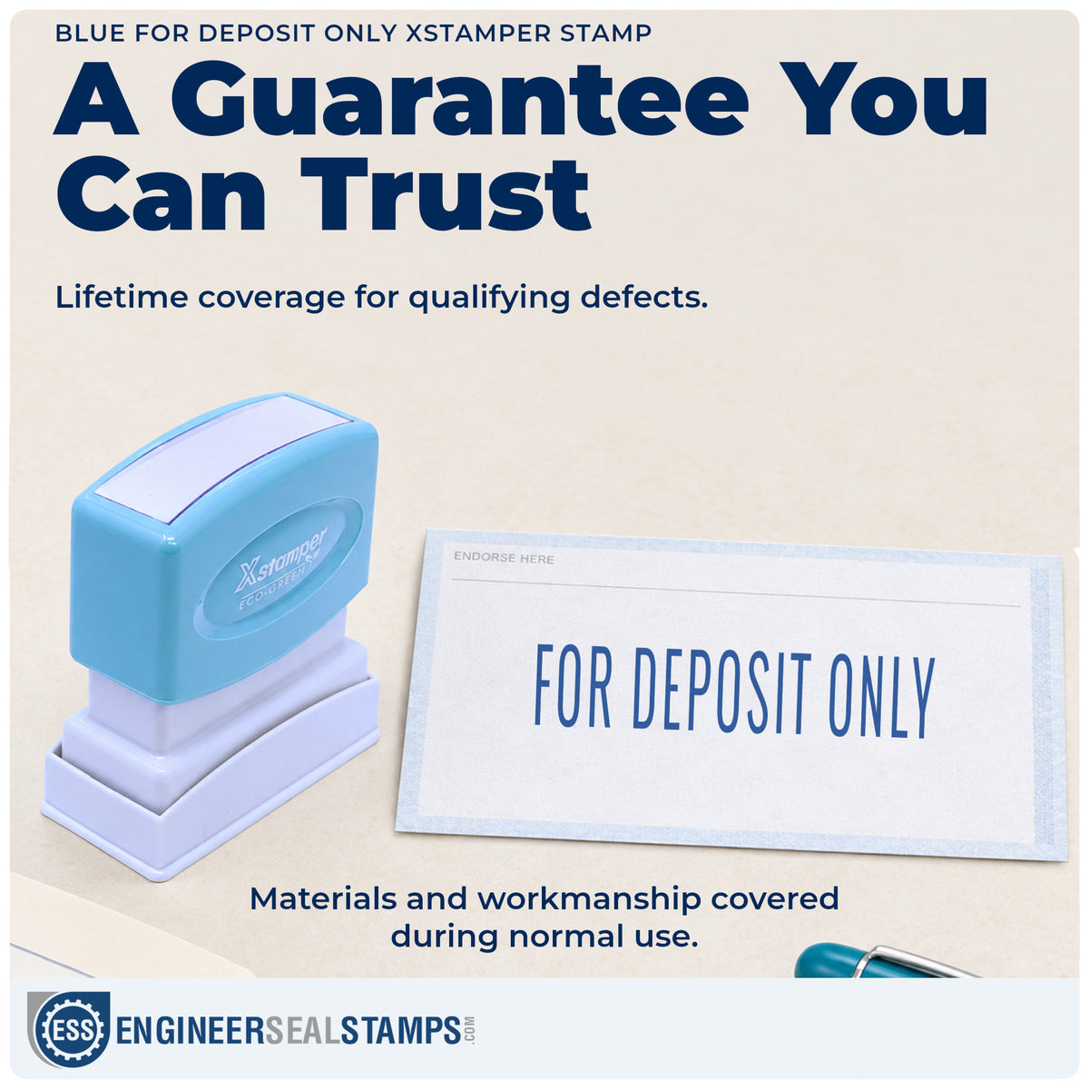 Lifetime guarantee coverage on the "For deposit only" Xstamper pre-inked stamp