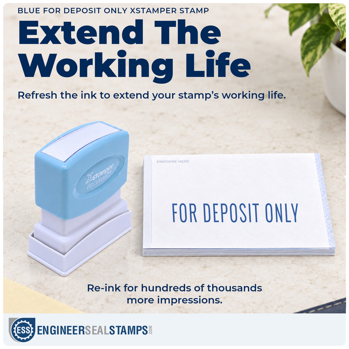 Re-inkable "For deposit only" stamp built for thousands of repeat impressions