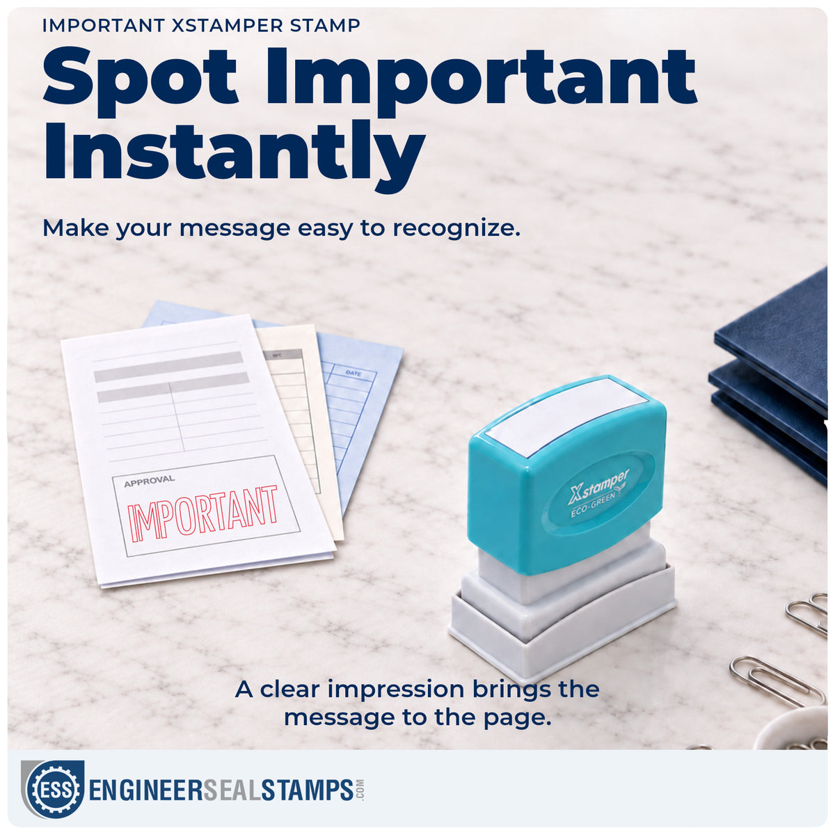 "Important" imprint on office paperwork beside the Xstamper Important Document Stamp – Pre-Inked