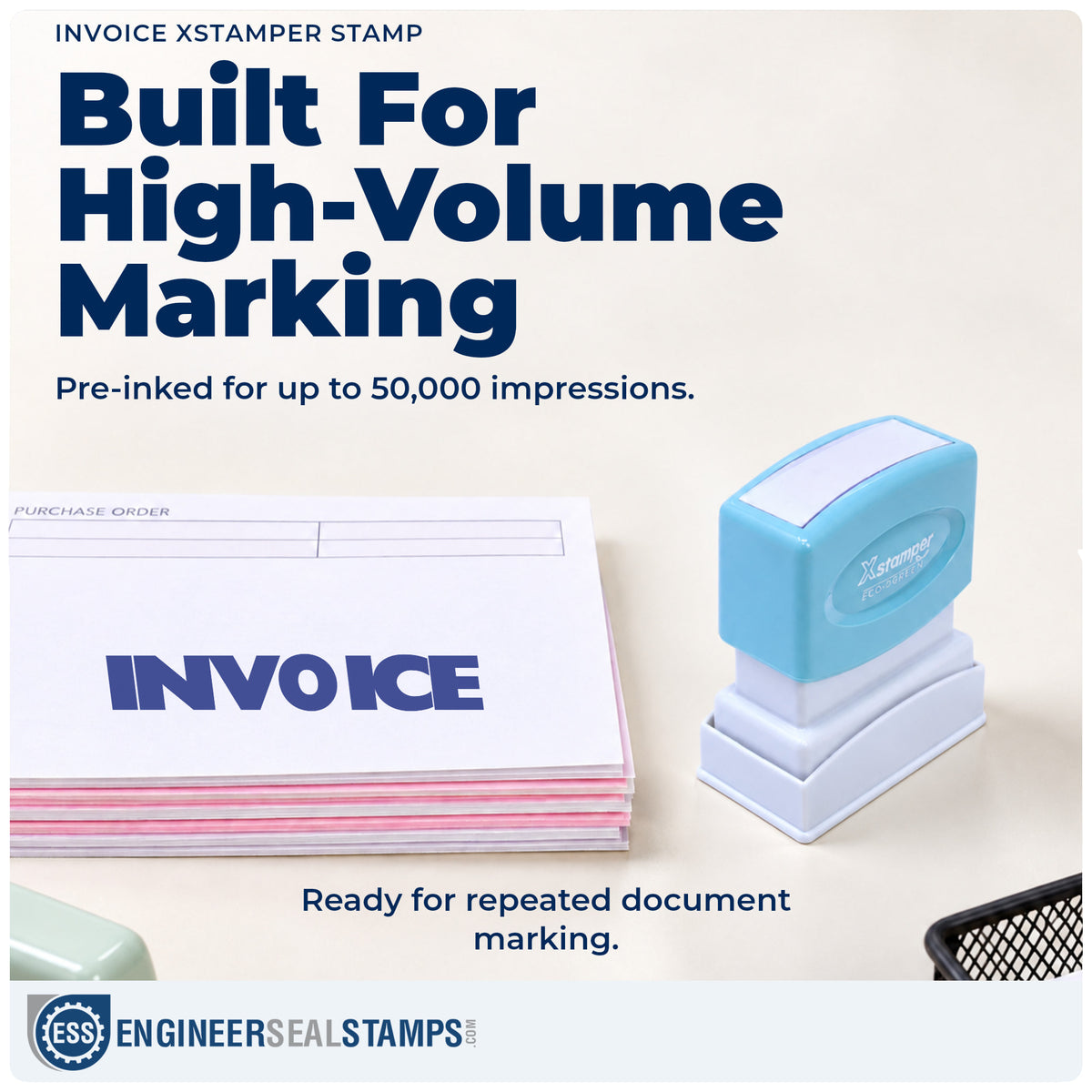 Re-inkable "Invoice" stamp built for thousands of repeat impressions