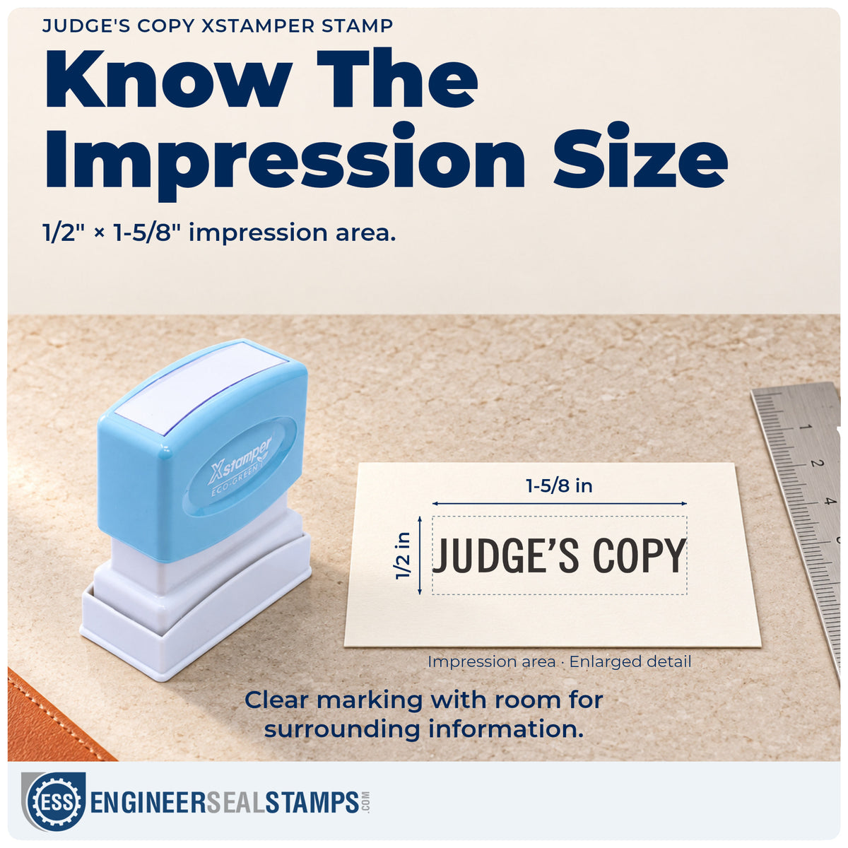 Impression size guide: the "Judge's copy" imprint measures 1/2 x 1-5/8 in