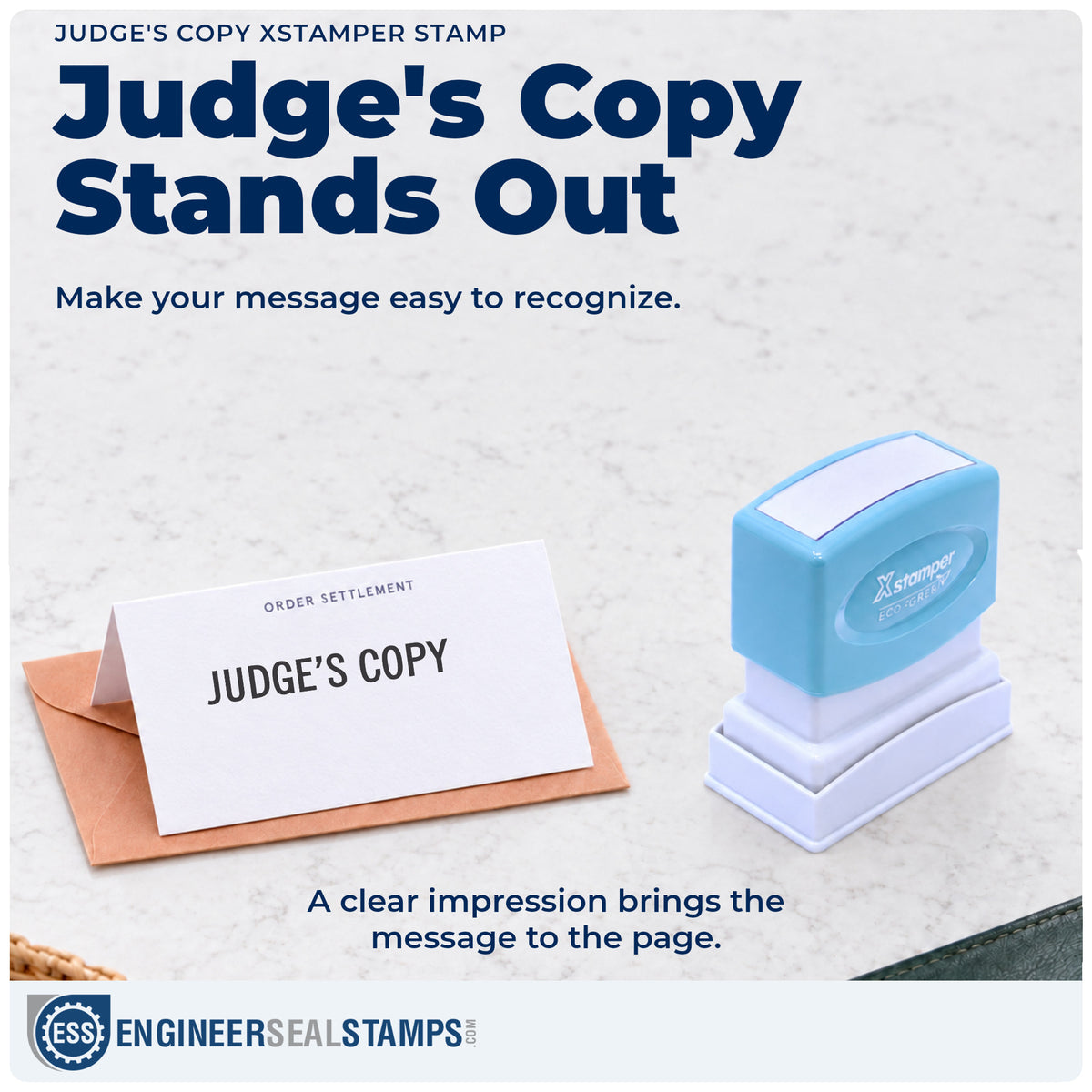 "Judge's copy" imprint on office paperwork beside the Judge's Copy Stamp For Legal Documents – Pre-Inked Xstamper