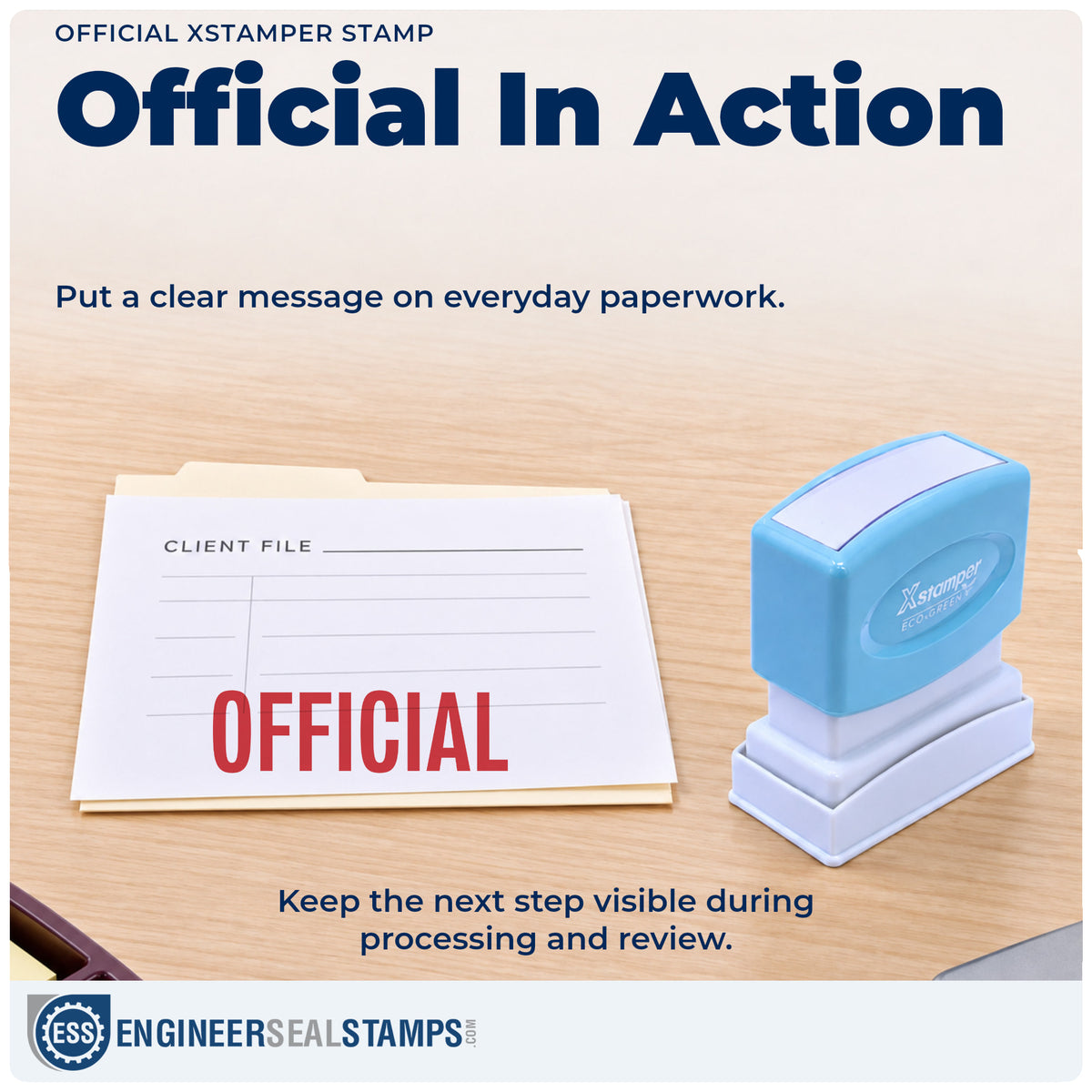 "Official" stamp being pressed onto a document during everyday filing