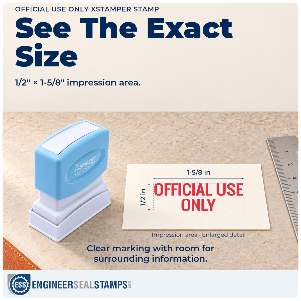 Impression size guide: the "Official use only" imprint measures 1/2 x 1-5/8 in