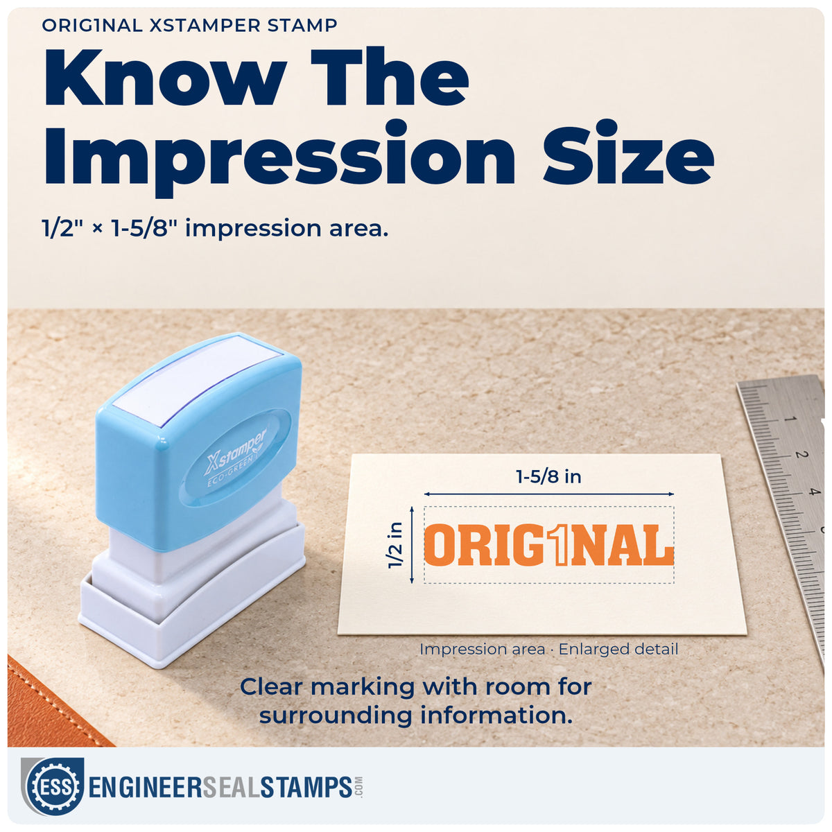Impression size guide: the "Orig1Nal" imprint measures Approximately 1/2 in tall x 1-5/8 in wide