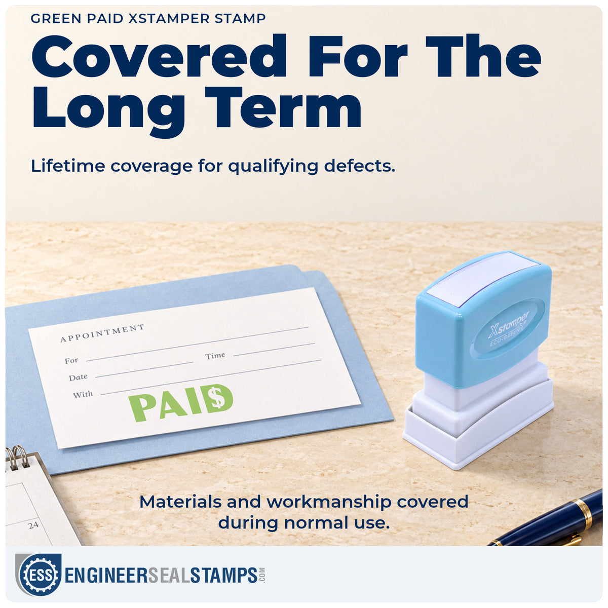 Lifetime guarantee coverage on the "Paid" Xstamper pre-inked stamp