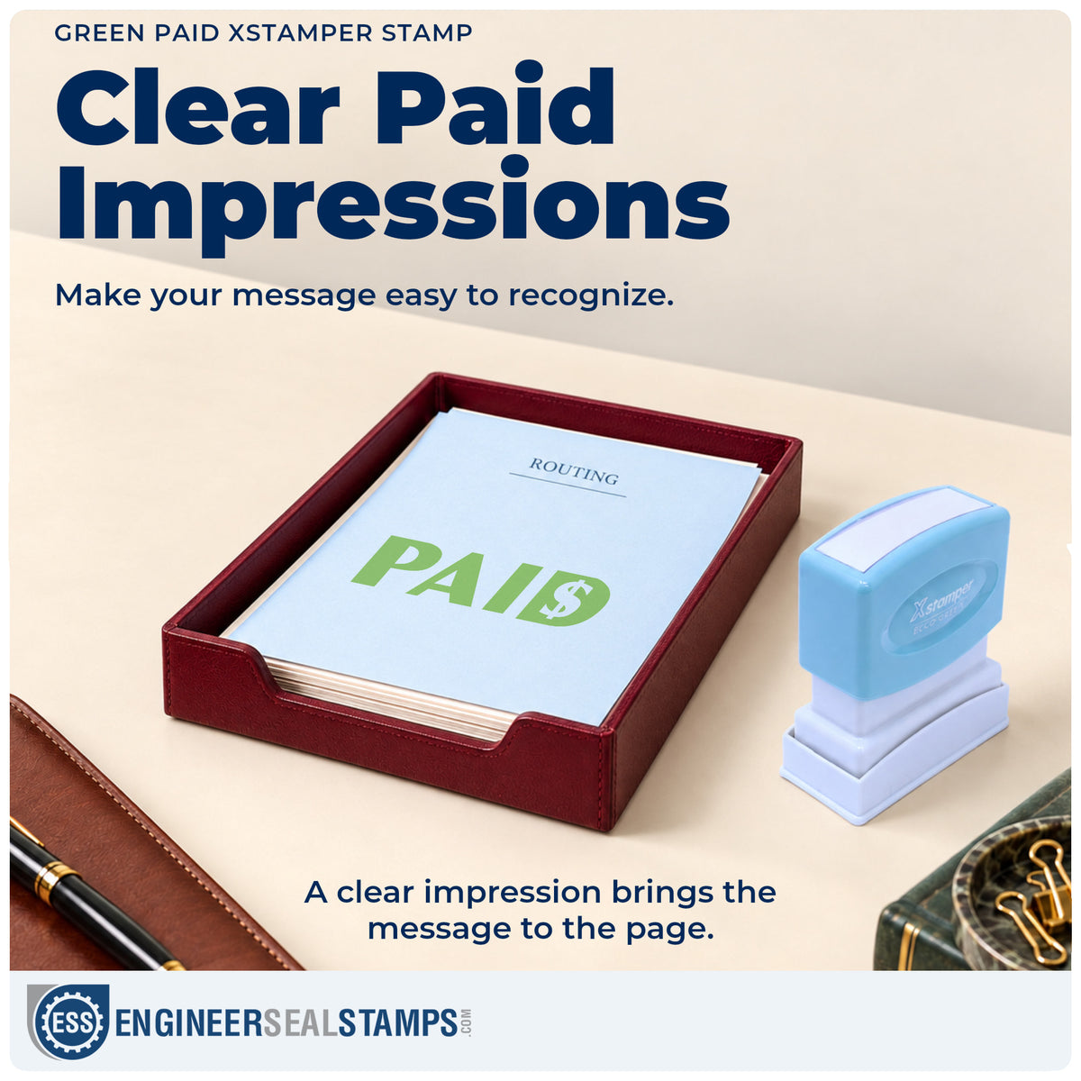 "Paid" imprint on office paperwork beside the Xstamper Paid Stamp – Green Pre-Inked