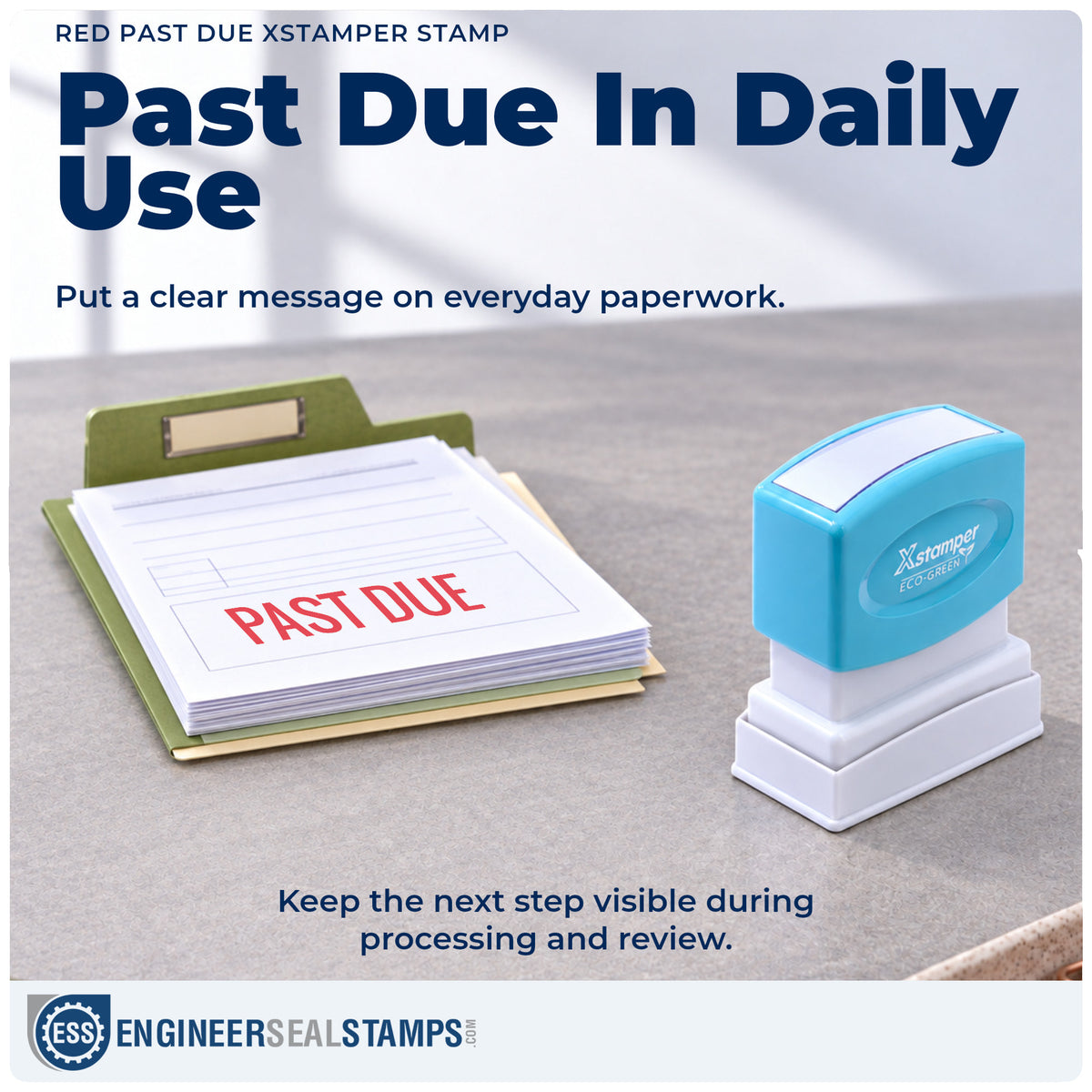 "Past due" stamp being pressed onto a document during everyday filing