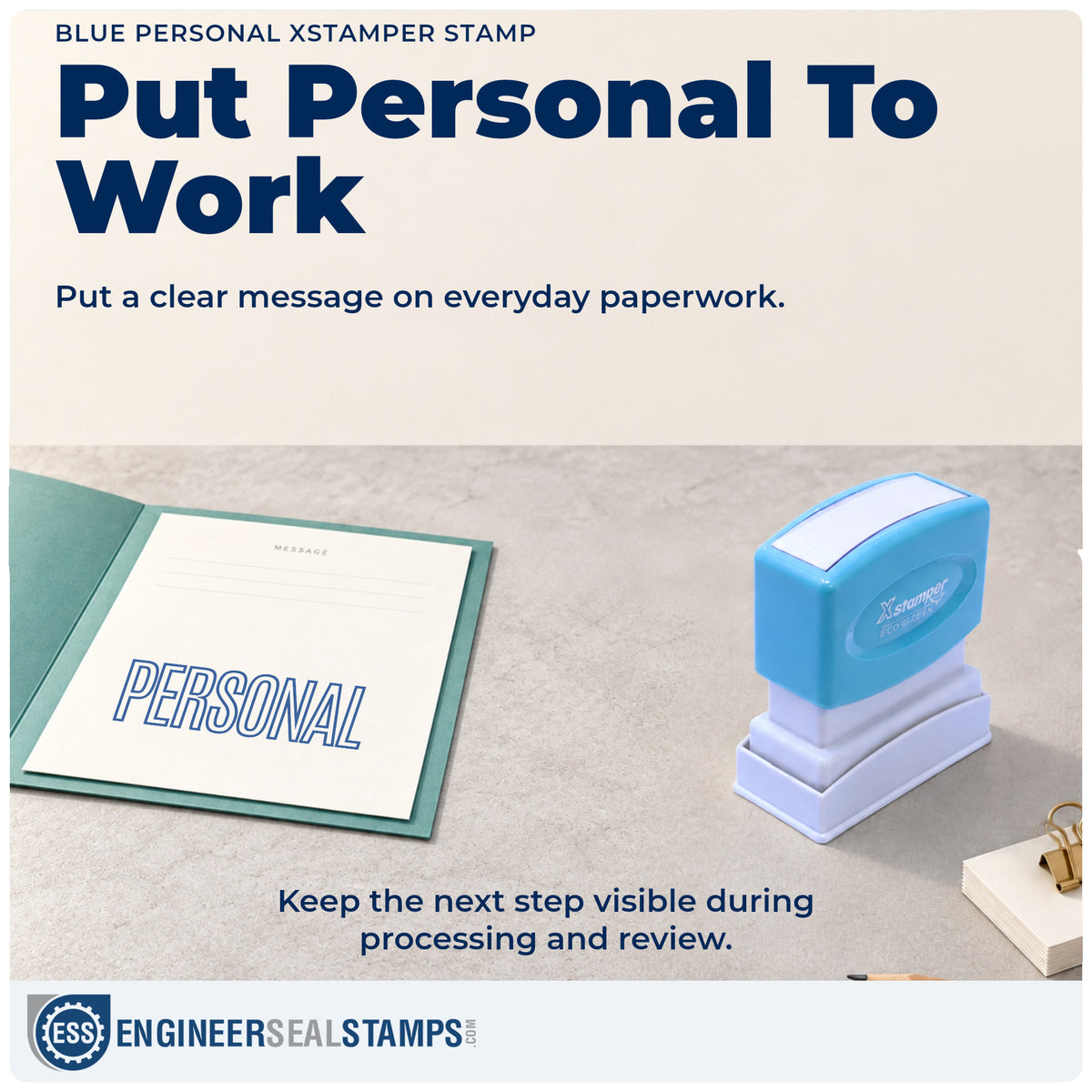 "Personal" stamp being pressed onto a document during everyday filing