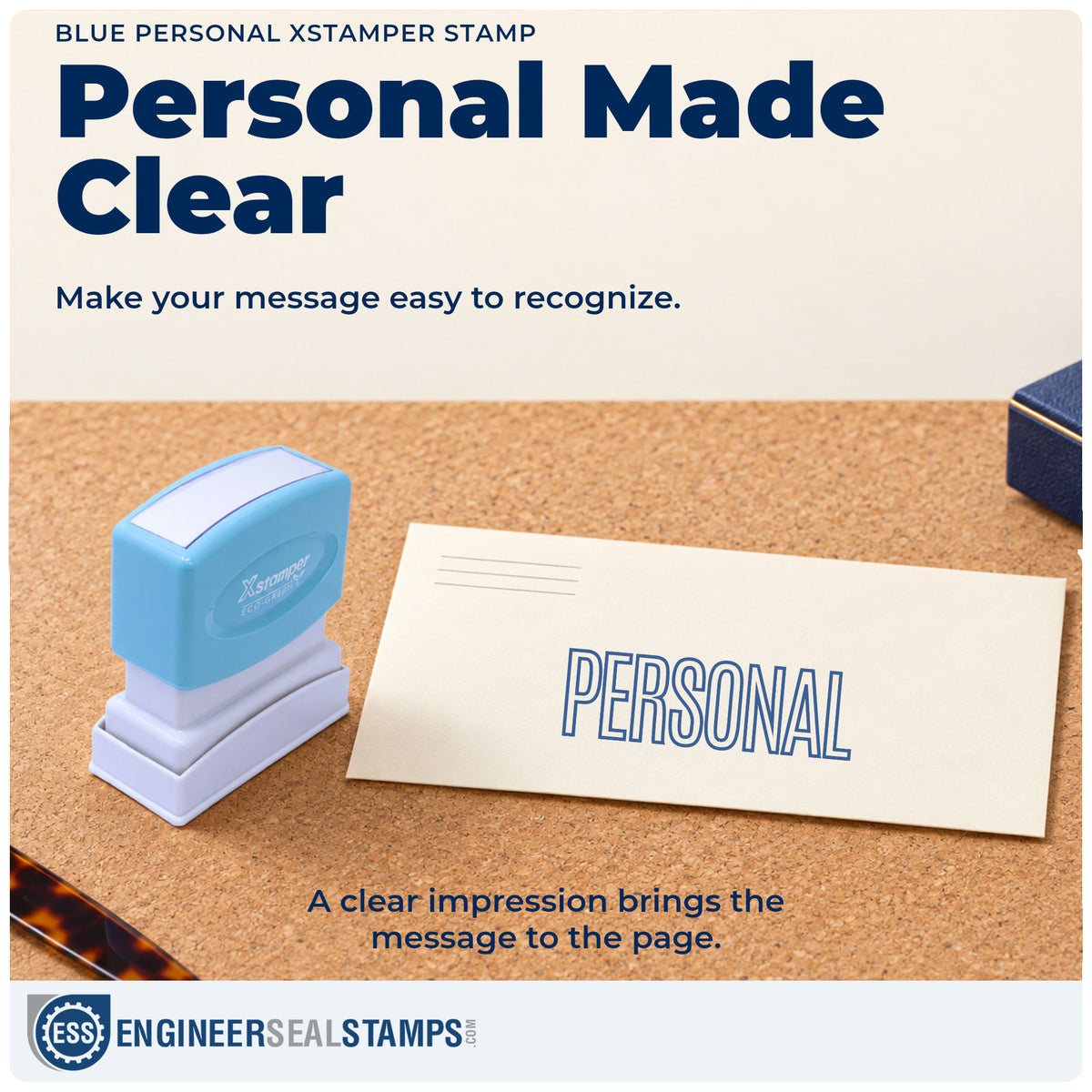 "Personal" imprint on office paperwork beside the Blue Personal Stamp – Pre-Inked Xstamper