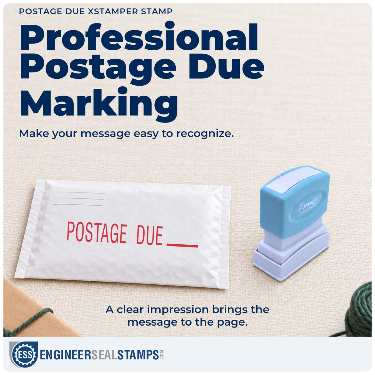 "Postage due" imprint on office paperwork beside the Xstamper Postage Due Stamp – Pre-Inked