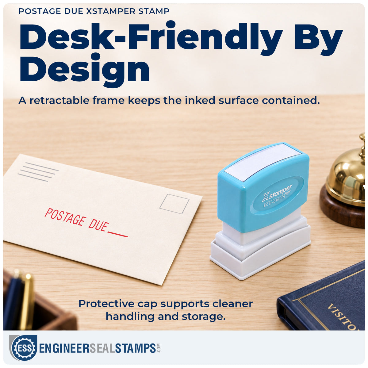 Features of the "Postage due" Xstamper No. 1080 pre-inked stamp