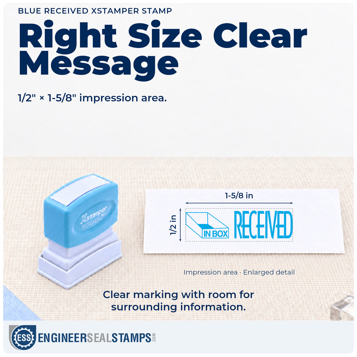 Impression size guide: the "Received" imprint measures Approximately 1/2 in tall x 1-5/8 in wide
