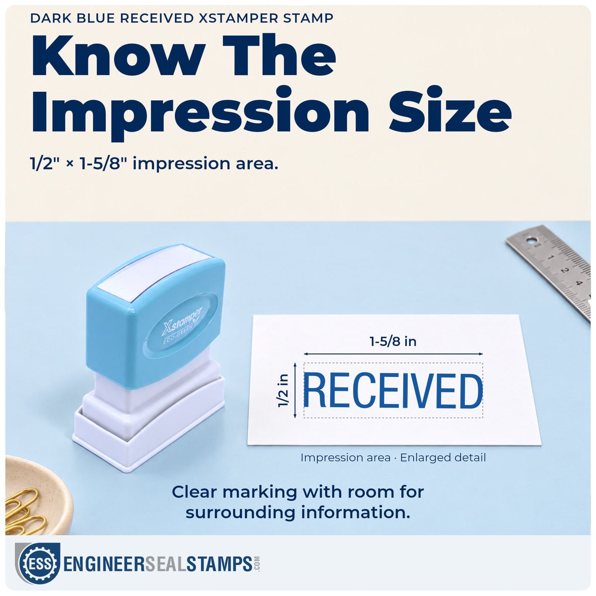Impression size guide: the "Received" imprint measures 1/2 x 1-5/8 in