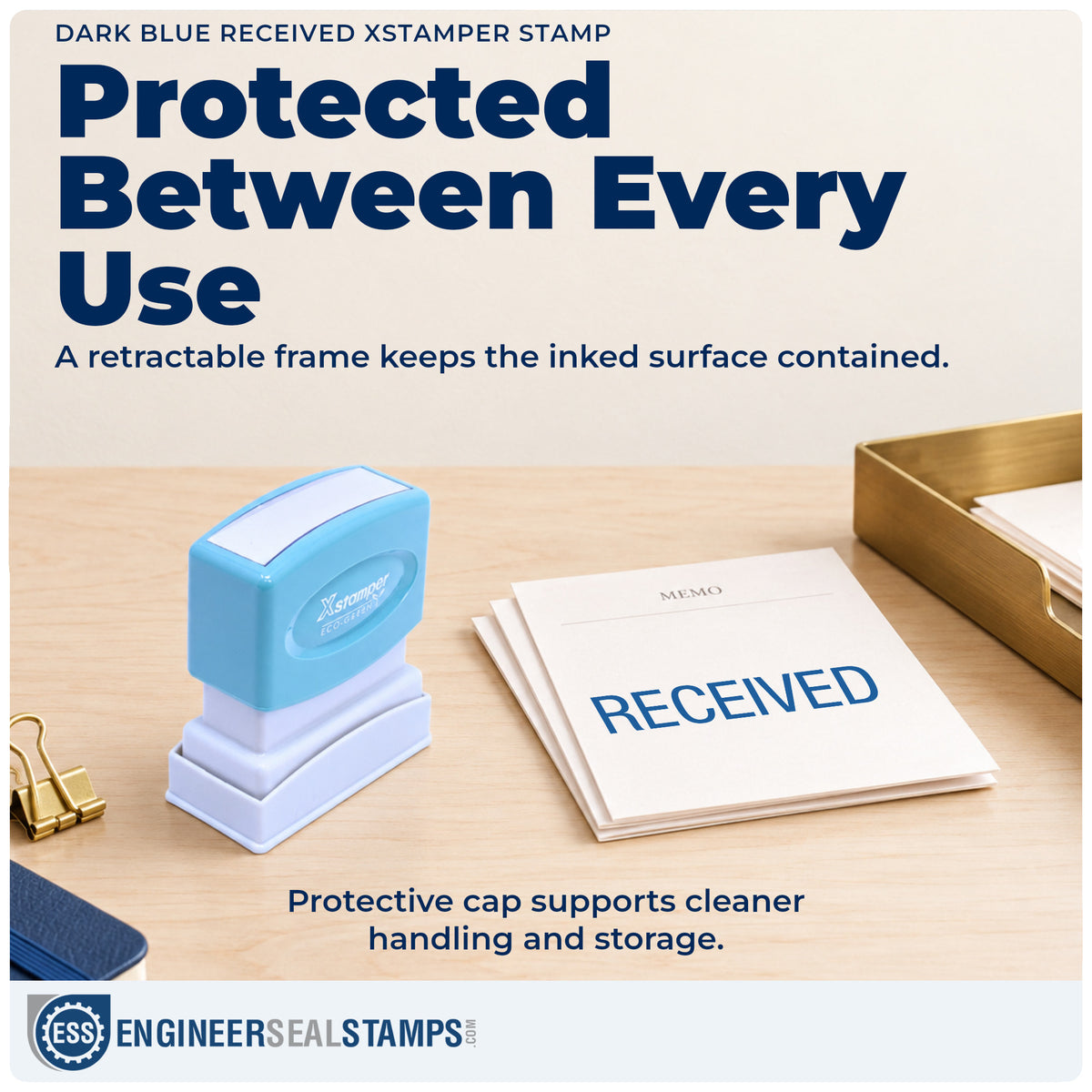 Features of the "Received" Xstamper No. 1116 pre-inked stamp