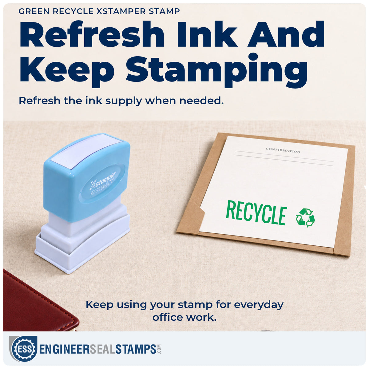 Re-inkable "Recycle" stamp built for thousands of repeat impressions