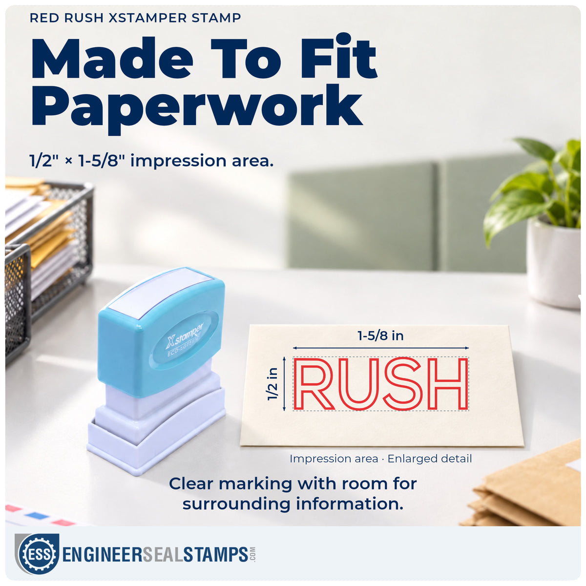 Impression size guide: the "Rush" imprint measures Approximately 1/2 in tall x 1-5/8 in wide