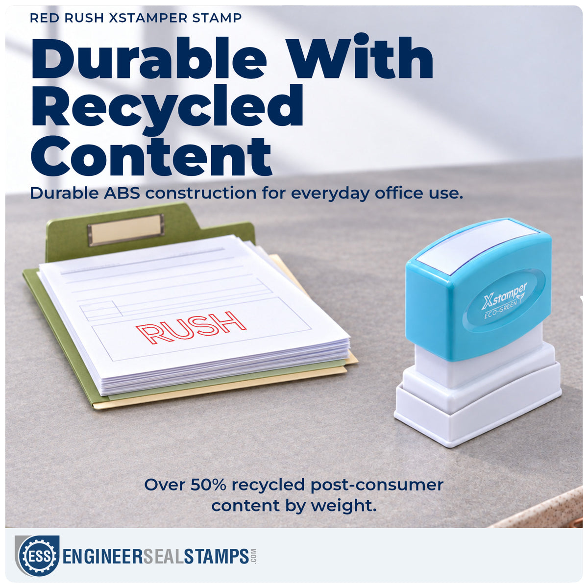 Features of the "Rush" Xstamper No. 1004 pre-inked stamp