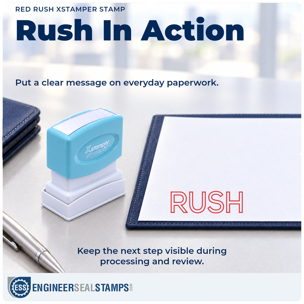 "Rush" stamp being pressed onto a document during everyday filing