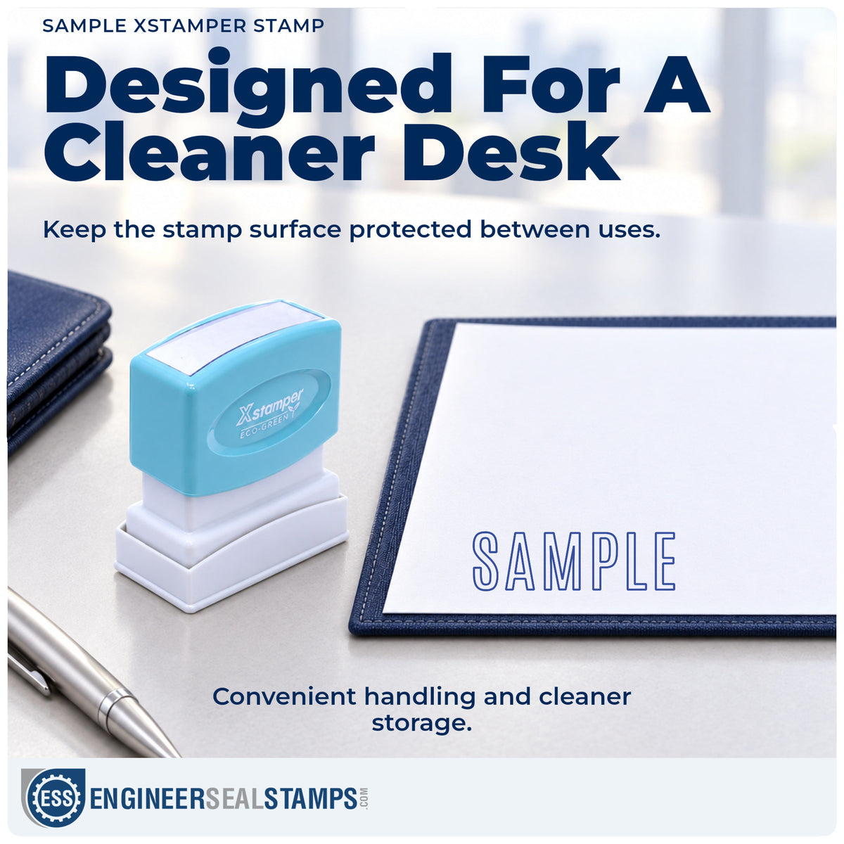 Features of the "Sample" Xstamper No. 1002 pre-inked stamp