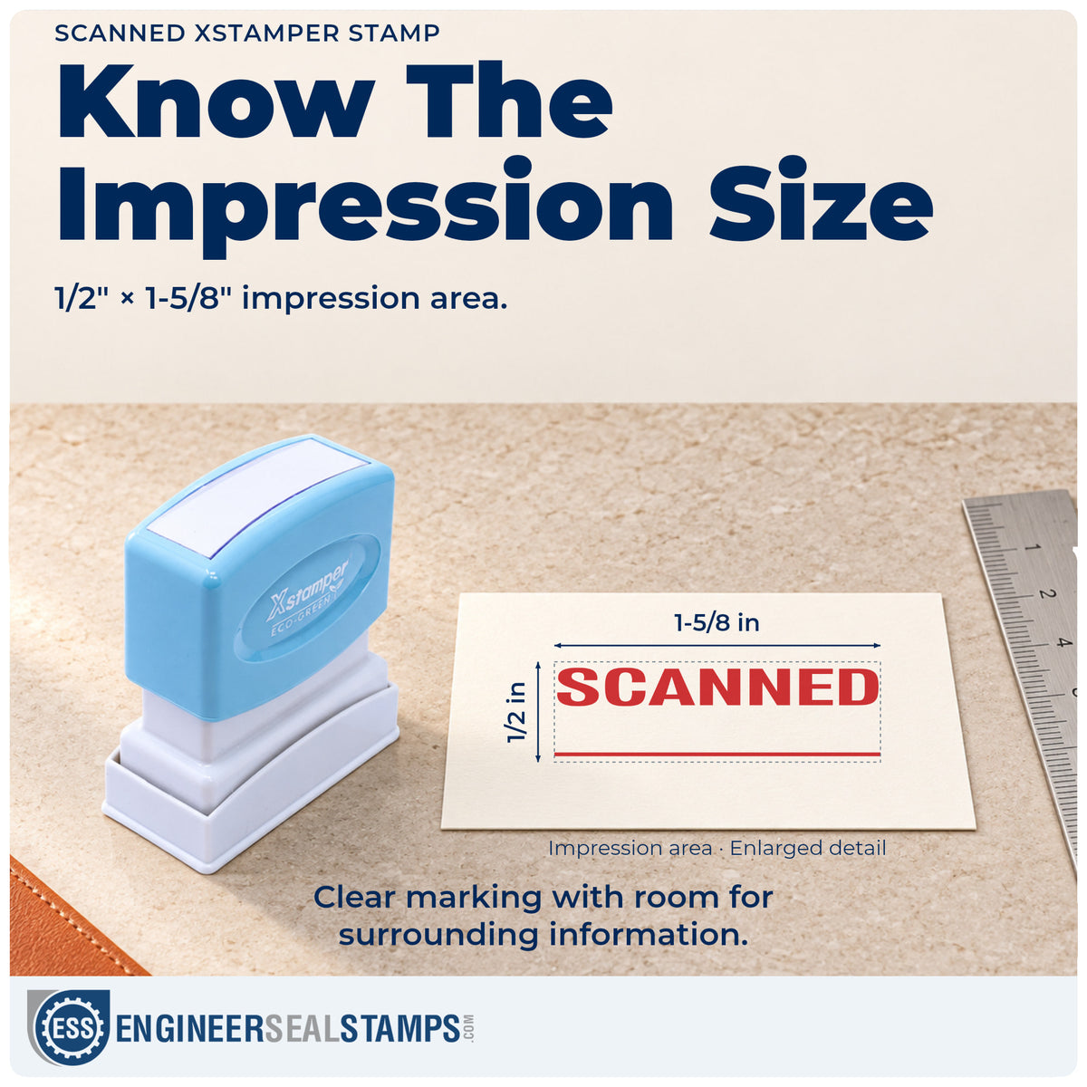 Impression size guide: the "Scanned" imprint measures Approximately 1/2 in tall x 1-5/8 in wide